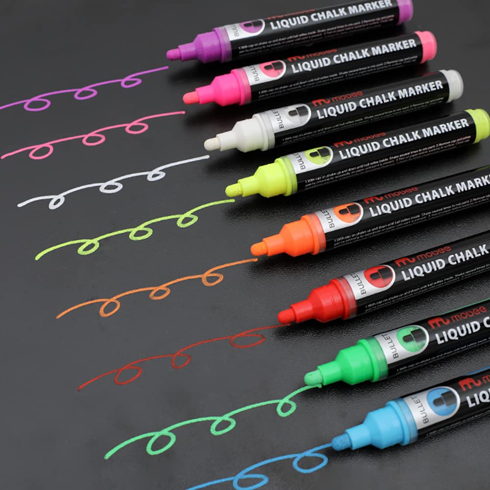 Mobee Liquid Chalk Markers - 8 Pack Reversible Tip Non-Porous Chalkboard Markers for Blackboard, Glass, Windows & Mirrors - Fine Point for Art, Signage & DIY Projects