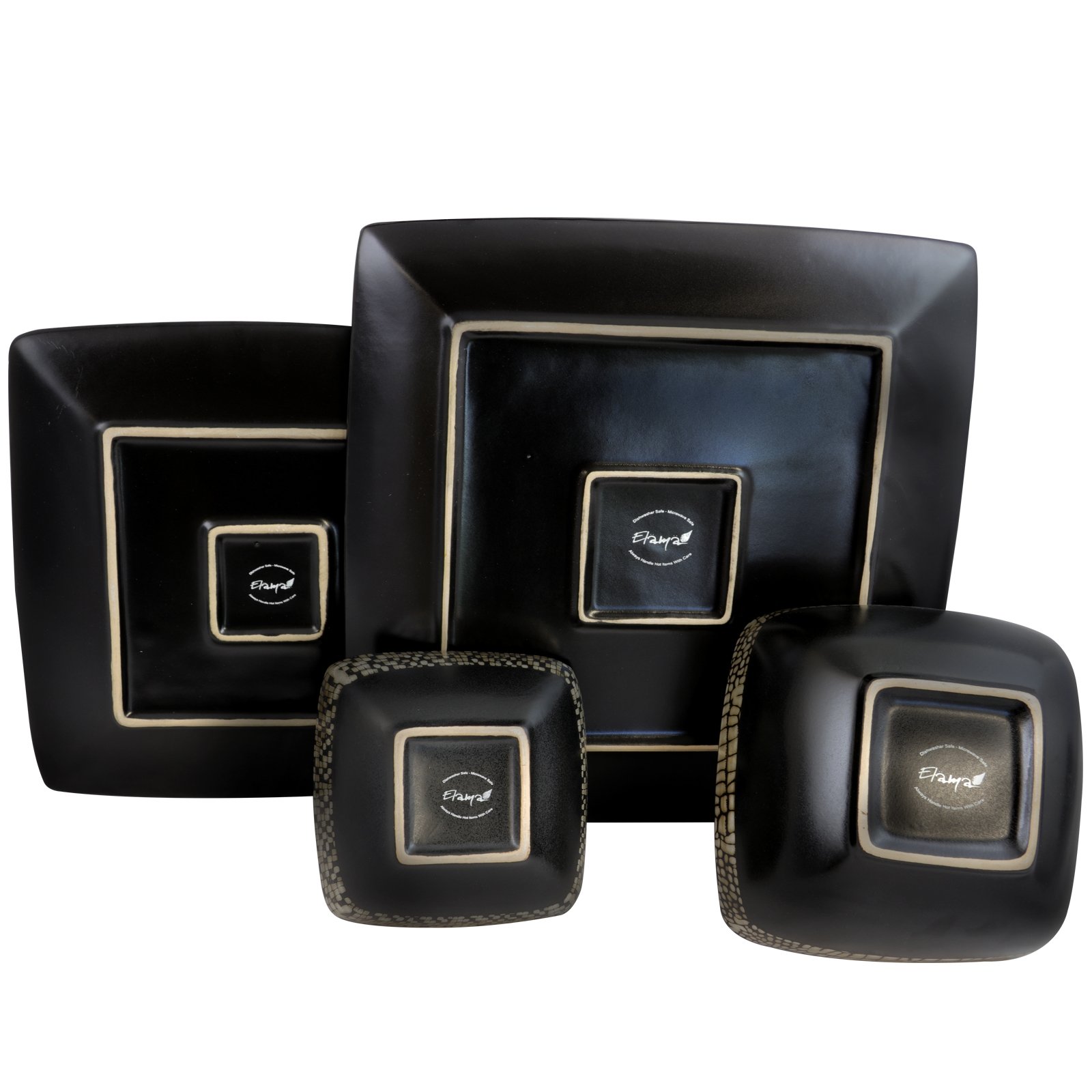 Elama 16-Piece Square Stoneware Dinnerware Set - Matte Black & Tan Tile Pattern - Durable Dish Set for Everyday Use, Dinner Parties & Modern Kitchens