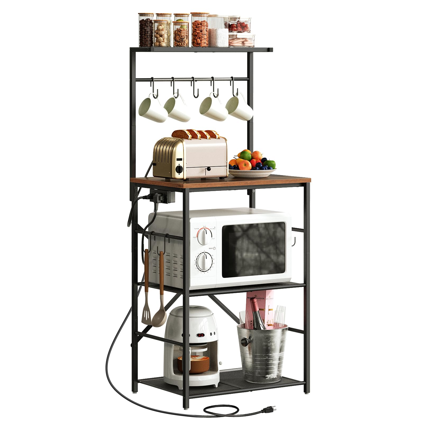HOOBRO 4-Tier Kitchen Bakers Rack with Power Outlet & Storage Shelf - Microwave Stand, Coffee Bar Table with 9 S-Hooks - Rustic Brown & Black BF58UHB01 - Perfect for Small Kitchens, Pantry Organization & Coffee Station Setup