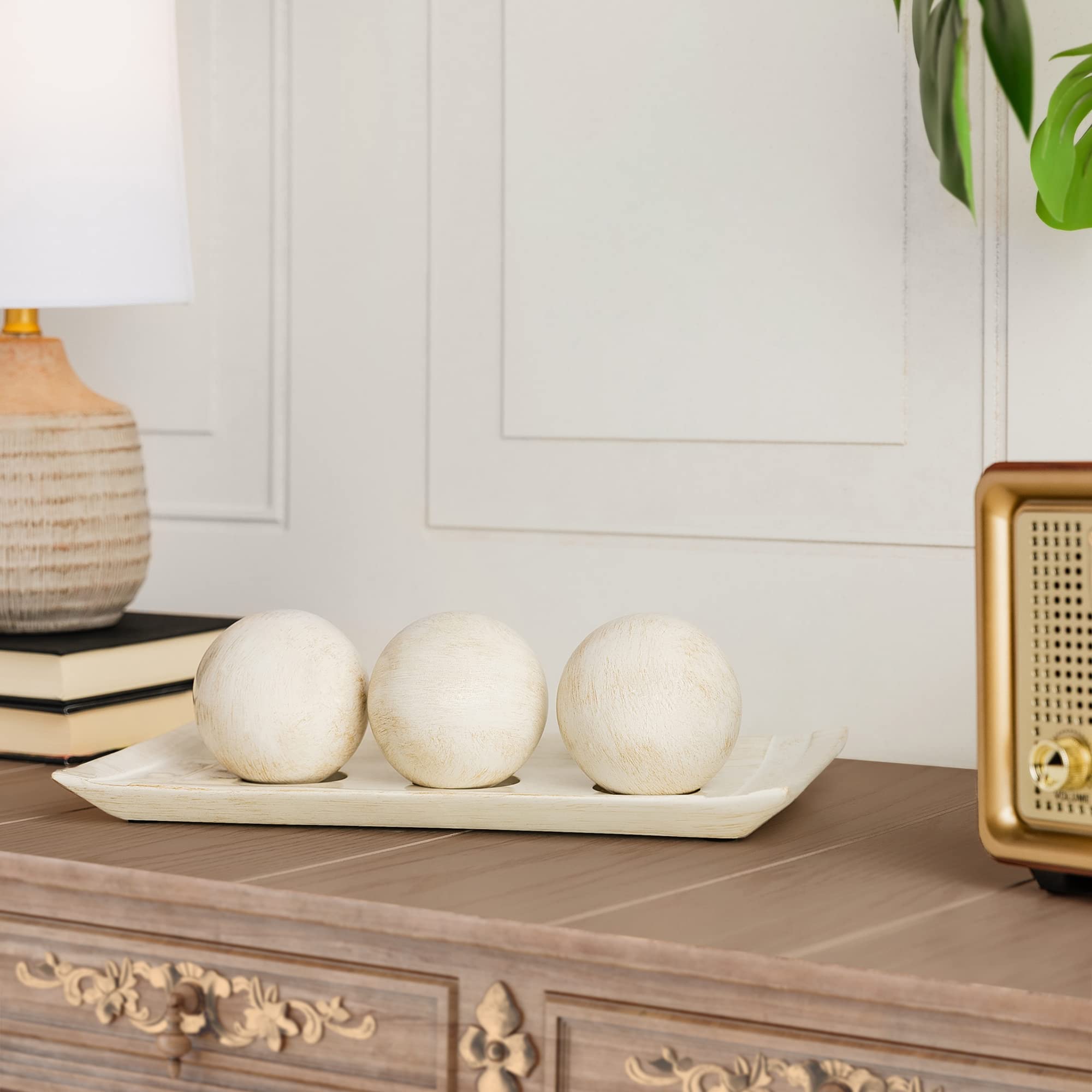 Creative Scents Rustic Luxe Decorative Tray & Orb Set - Modern Farmhouse Centerpiece for Coffee Table, Dining Table Decor - Handcrafted Wooden Bowl with Decorative Balls - Perfect for Living Room, Entryway & Wedding Decor