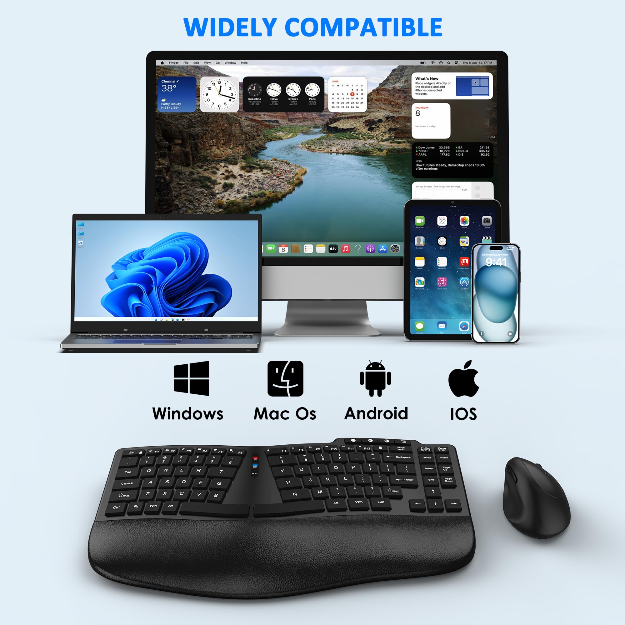 Ergonomic Wireless Keyboard and Mouse Combo - Bluetooth/2.4G Split Design with Palm Rest | 3-Level DPI Adjustable Vertical Mouse | Rechargeable for Windows & Mac | Perfect for Office, Gaming & Home Use