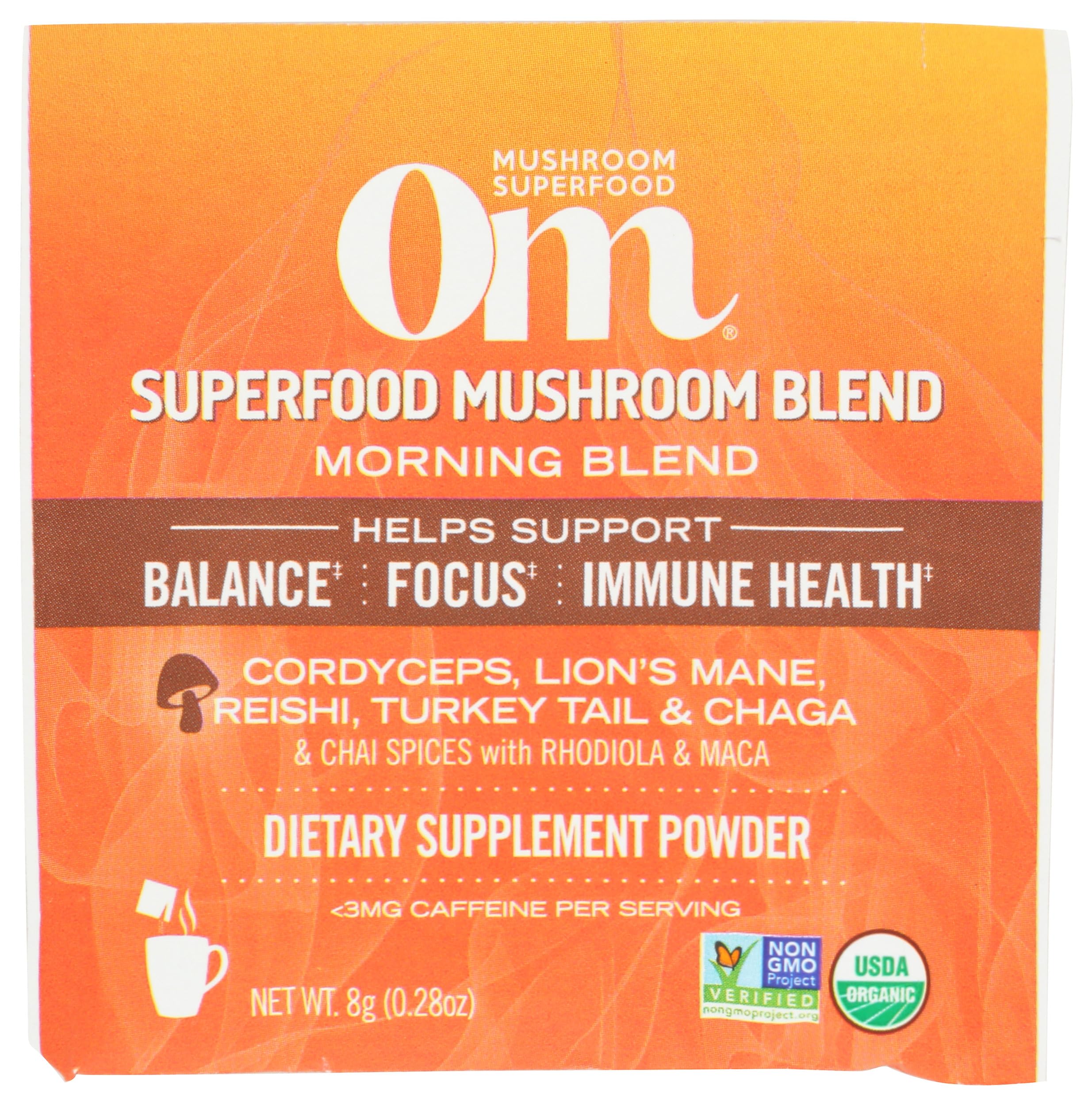 Organic Om Mushroom Superfood Morning Energy Blend - 0.28 OZ Sachets | Immune Support & Natural Energy Boost | Perfect for Coffee, Smoothies & Daily Wellness Routine