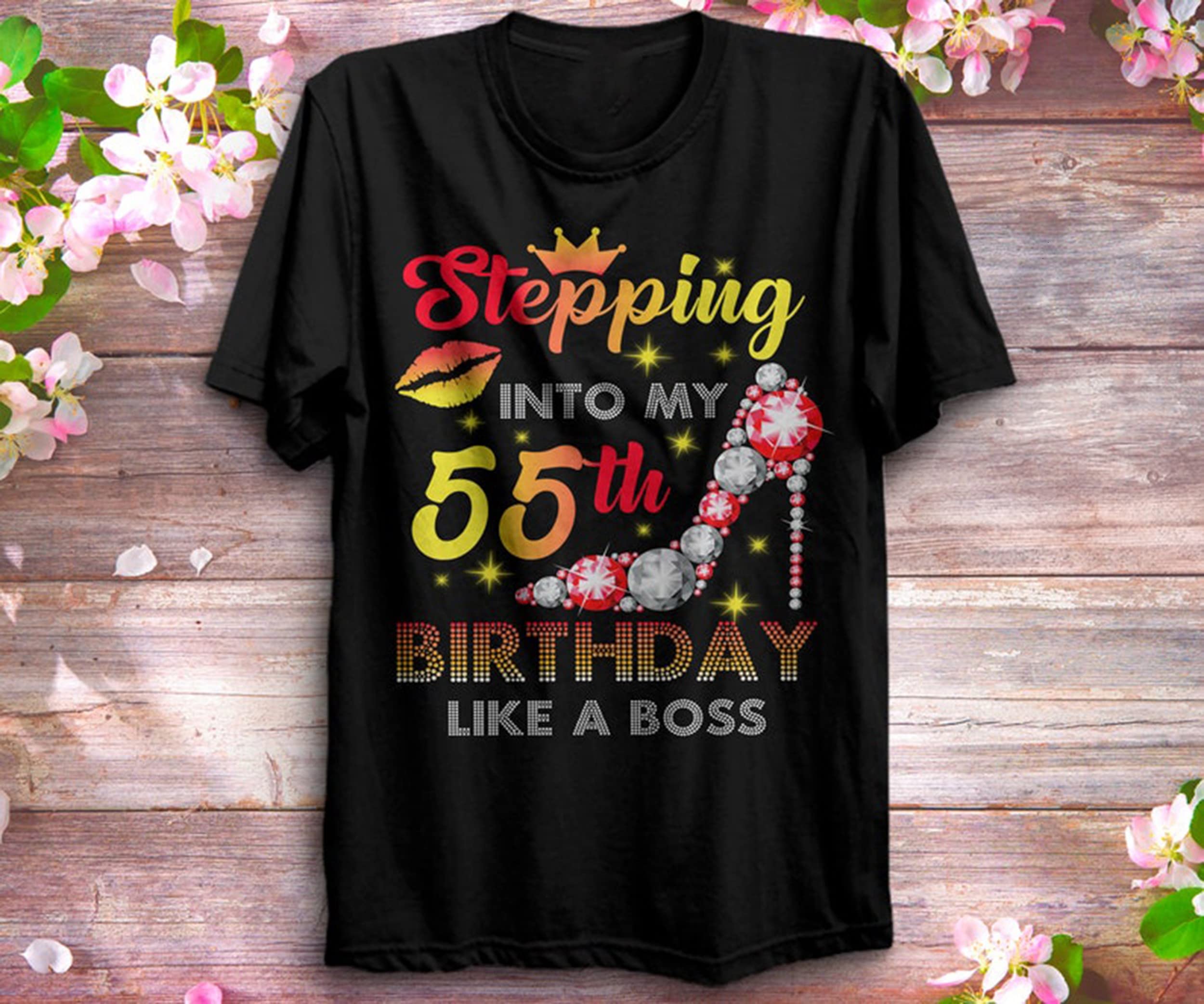 55th Birthday Shirt for Women - Custom Age Glitter Rhinestone High Heel T-Shirt - Funny African American Celebration Top - Perfect for Birthday Parties & Special Occasions