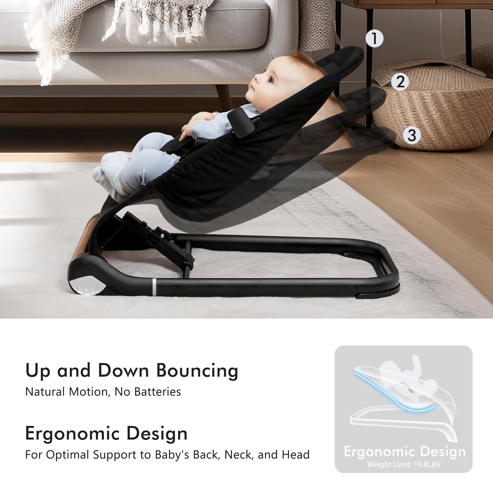 Baby Bouncer Chair with Comfortable Support - Safe Infant Rocker for Newborns & Toddlers (Black) - Perfect for Playtime, Naps & Soothing Fussy Babies
