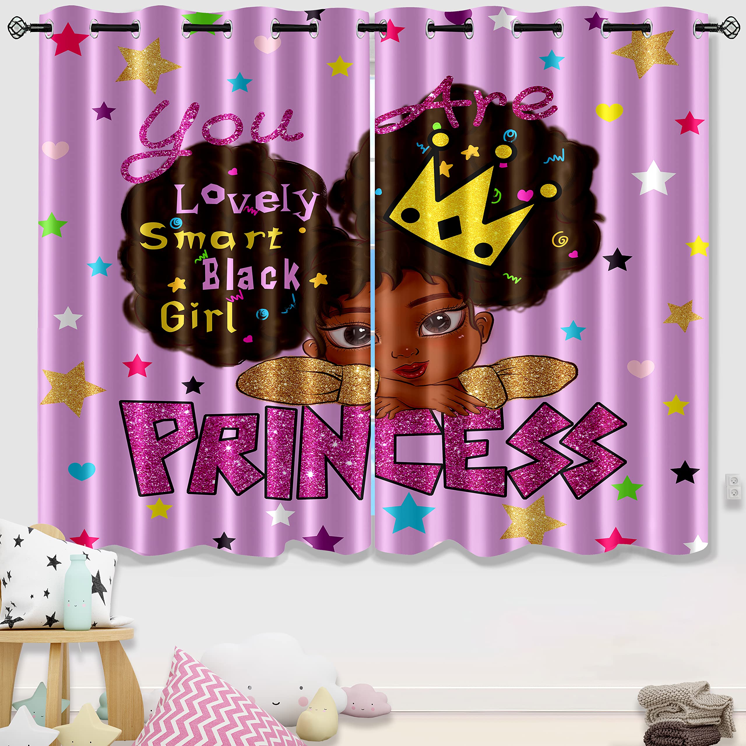 African American Girl Curtains for Bedroom - Blackout Window Drapes for Girls Room Decor (2 Panels, 82×63 Inches) - Pink Princess Theme for Nursery, Kids Bedroom & Teen Room