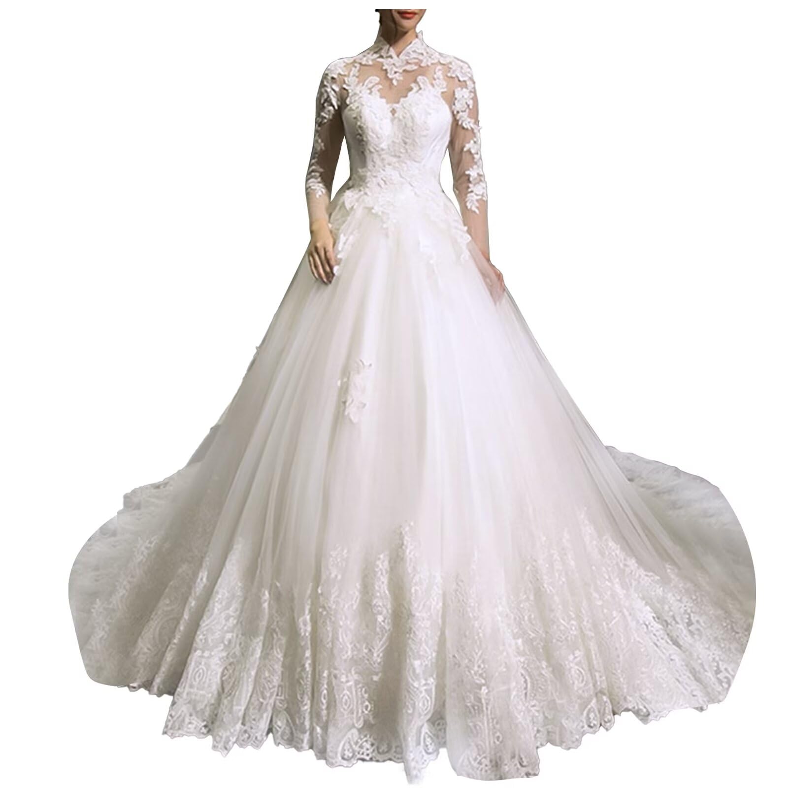 Elegant A-Line Long Sleeve Lace Wedding Dress for Bride – High Neck Tulle Bridal Gown for Formal Ceremonies & Romantic Weddings