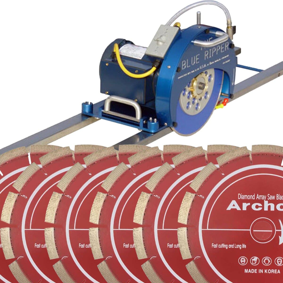 3 HP Blue Ripper Concrete Saw Package with Rails & Diamond Blades - Heavy Duty Cutting for Construction, Demolition & Renovation Projects