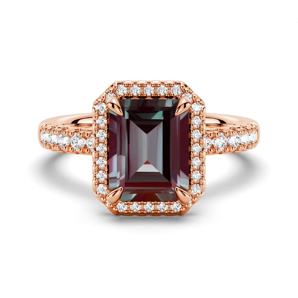 3 CT. Emerald Cut Alexandrite & Moissanite Halo Engagement Ring - Vintage Style Wedding Band for Brides, Anniversary Gift, Proposal Jewelry (Perfect for Romantic Occasions & Special Celebrations)