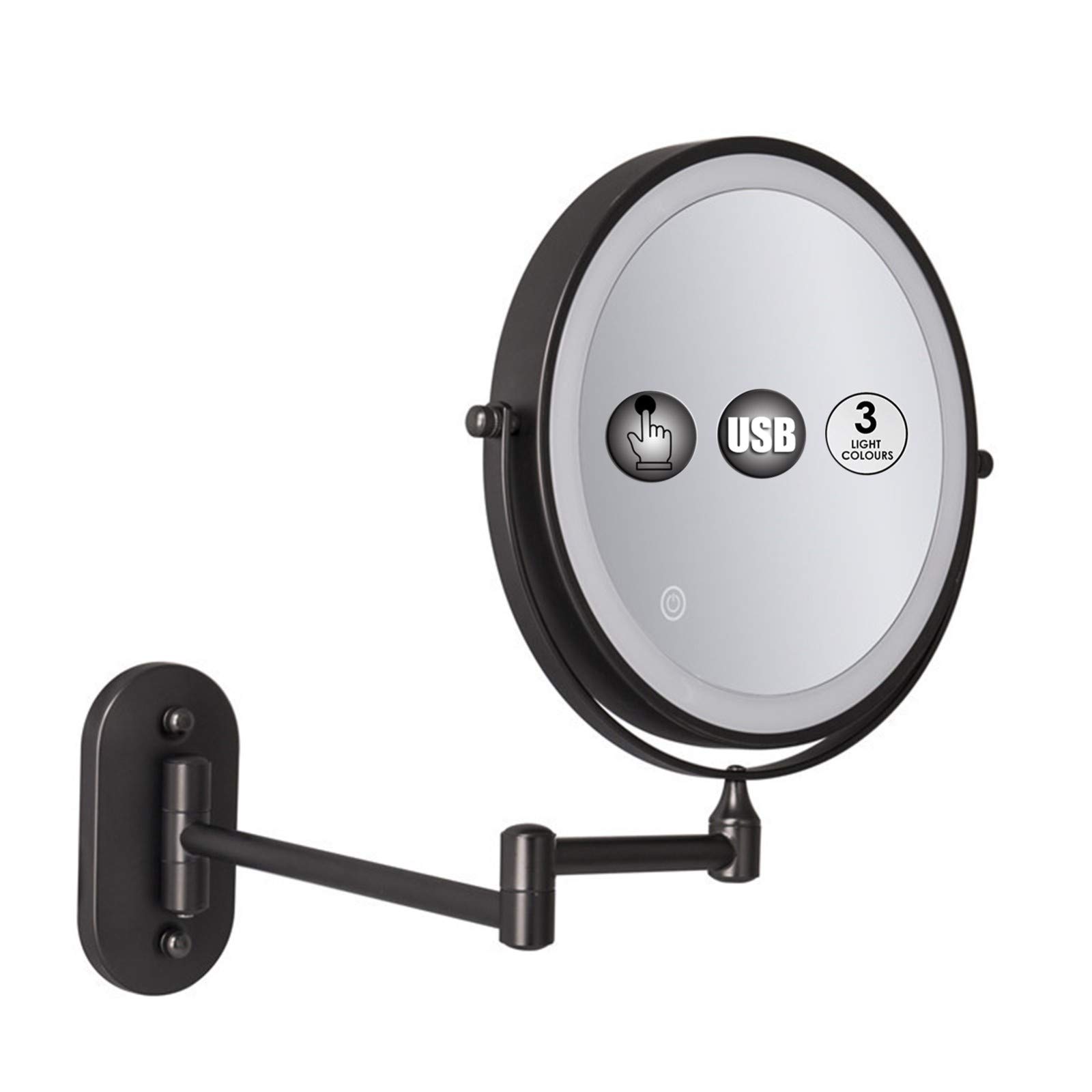 Wall Mount LED Vanity Mirror with 3 Lighting Settings - Double Sided 360° Swivel Extendable Makeup Mirror for Bathroom & Shaving (Black, 5X) - Perfect for Daily Makeup, Grooming & Home Decor