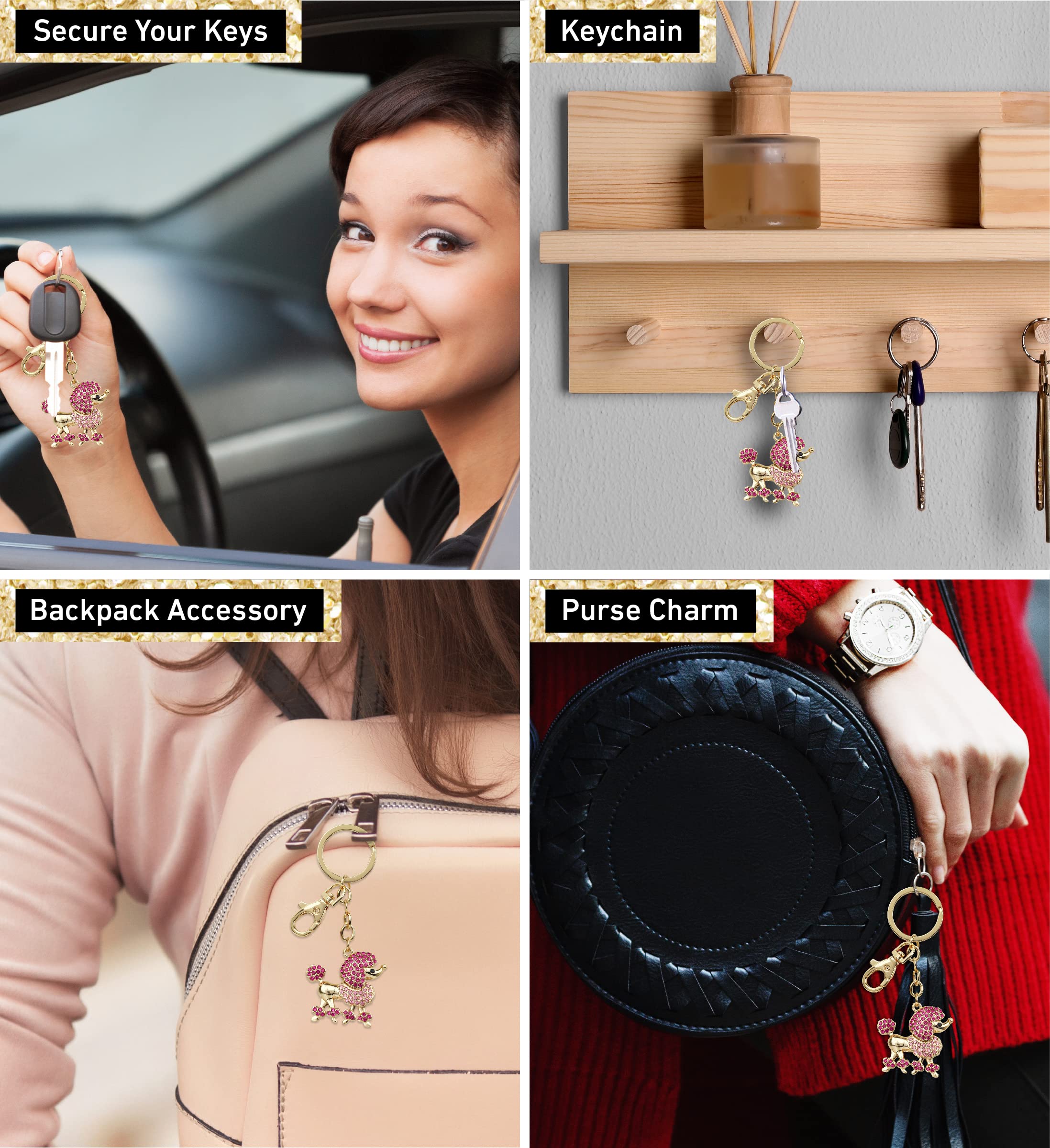 Elegant Pink Poodle Dog Keychain - Gold 3D Sparkling Rhinestone Charm, Fashionable Stylish Metal Alloy Key Ring with Clasp | Durable Crystal Jewelry Accessory for Women, Girls, Pets Lovers | Perfect for Keychains, Bags, Gifts & Party Favors