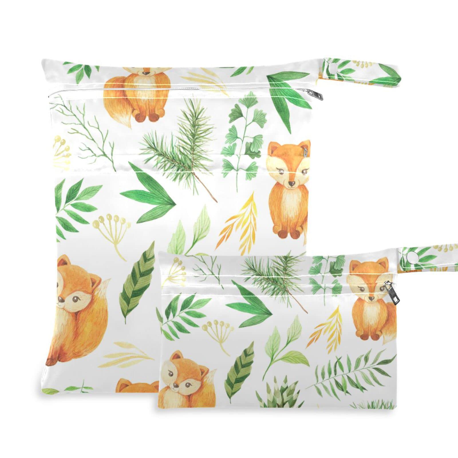 Susiyo Reusable Waterproof Wet Dry Bags - 2 Pack Eco-Friendly Cloth Diaper Storage with Dual Zippered Pockets | Perfect for Baby Stroller, Travel, Beach, Pool & Gym | Cute Green Plant & Fox Design for Dirty Clothes & Wet Swimsuits | Ideal for Daycare, Camping & Sports Activities