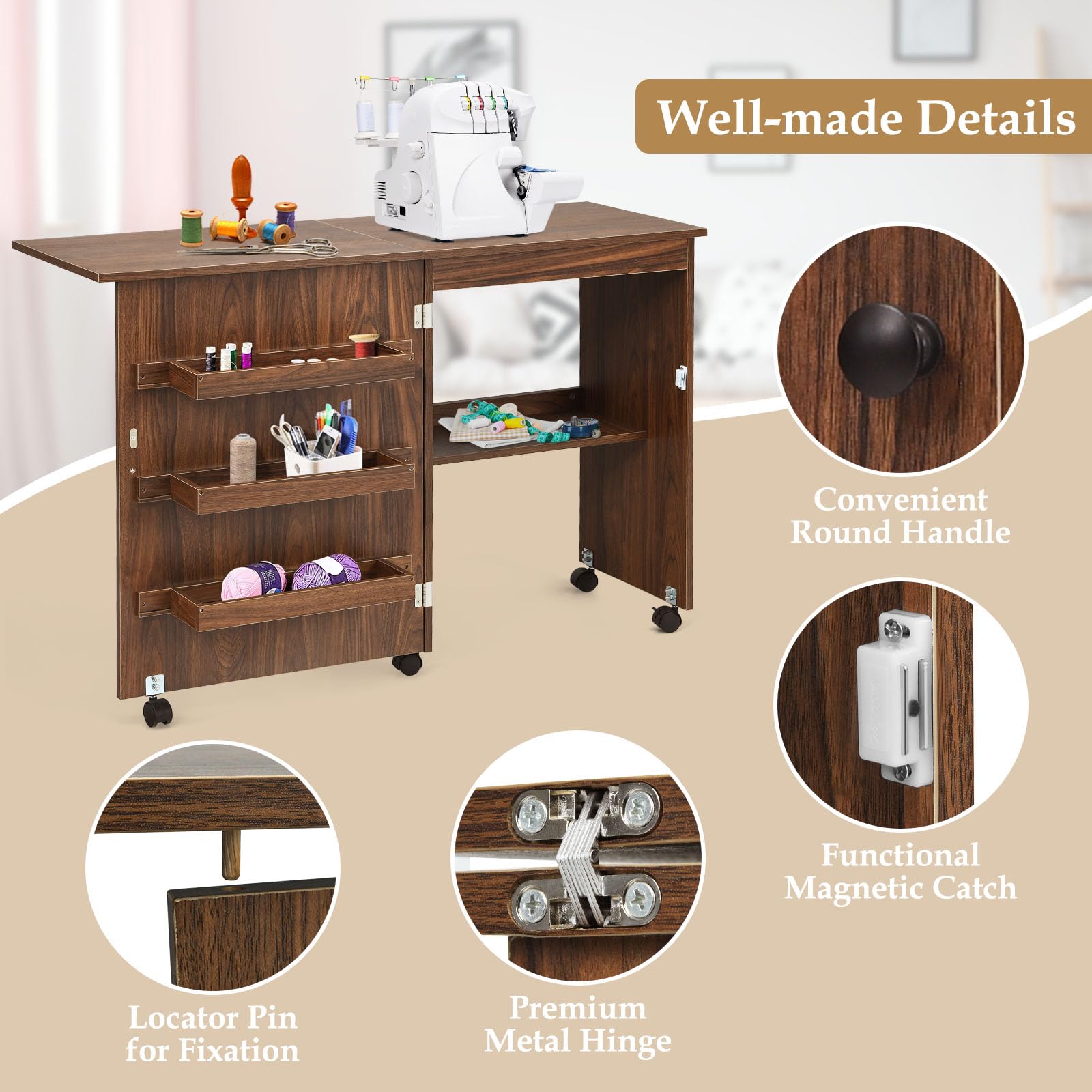 HOMGX Foldable Sewing Table with Storage - Multifunctional Craft Desk with Locking Wheels & Shelves - Space Saving Compact Design for Sewing, Quilting & DIY Projects - Brown Craft Station (16