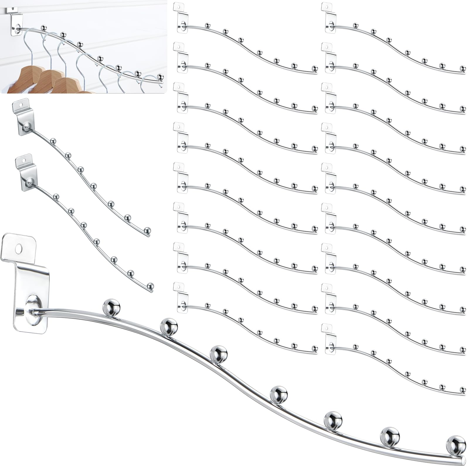 Hicarer 20 Pack Slatwall Hooks - 6 Ball Waterfall Metal Display Hangers (9.65 Inch, Silver) - Heavy Duty Retail Hooks for Kitchen, Clothing Store, Garage & Shop Organization - Perfect for Wall Mounted Product Displays & Space Saving Storage