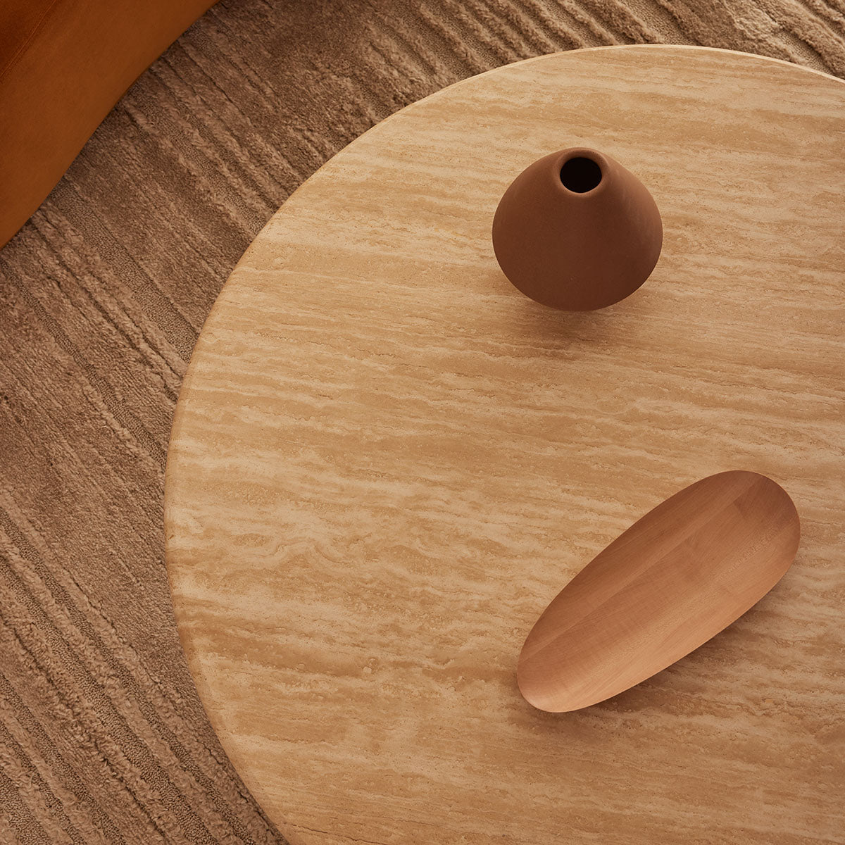 Modern Walnut & Travertine Coffee Table - 85cm Round Mid-Century Style Living Room Centerpiece for Home Decor