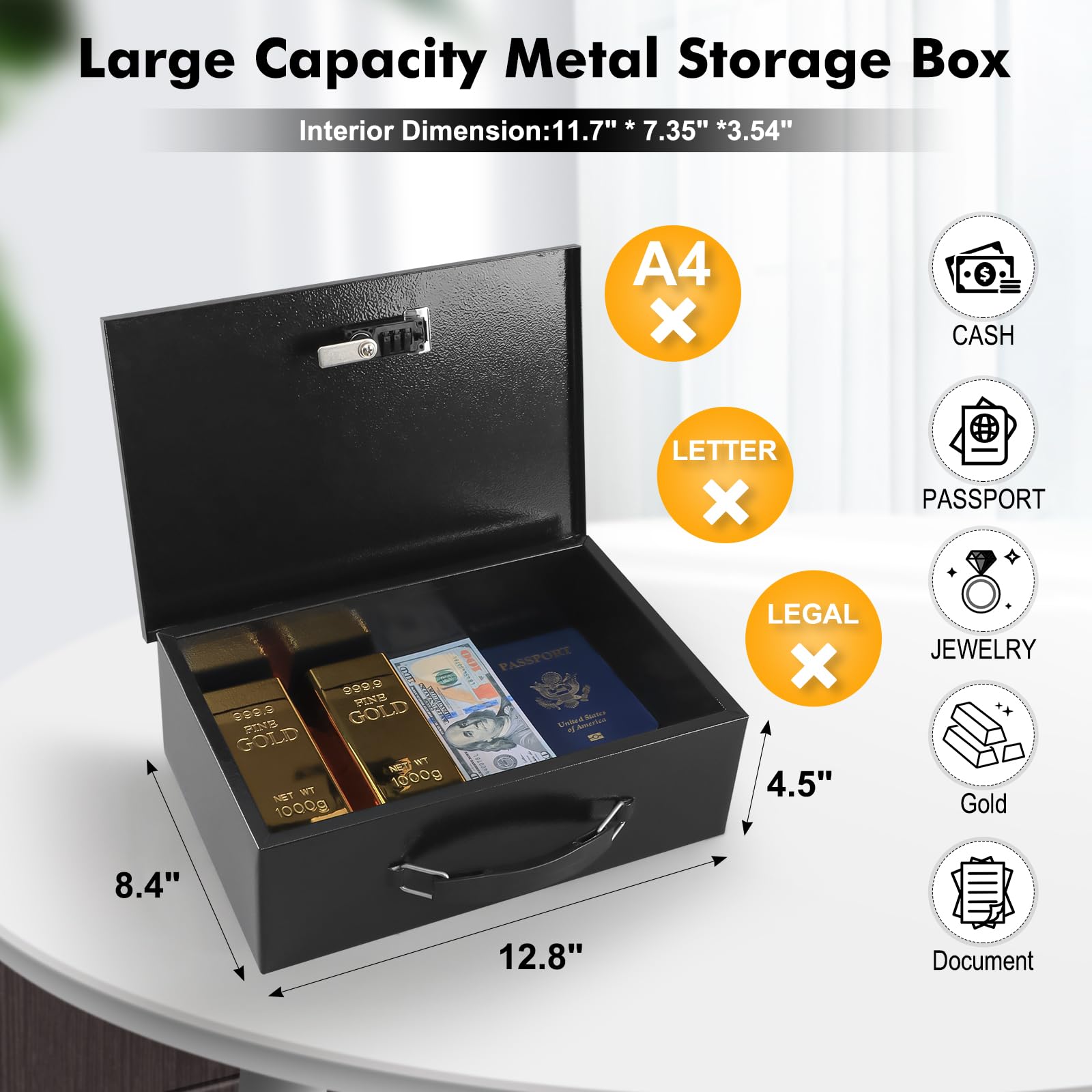 Fireproof Document Lock Box with Dual Combination & Key Lock - 12.8