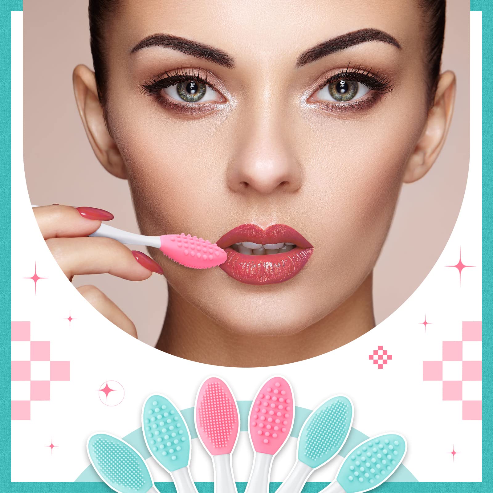 24 Pcs Silicone Exfoliating Lip Brush Set with Storage Case - Double Sided Lip Scrubber & Soft Face Cleansing Applicator for Plump, Smooth Lips (Pink & Green) | Perfect for DIY Lip Care & Makeup Removal