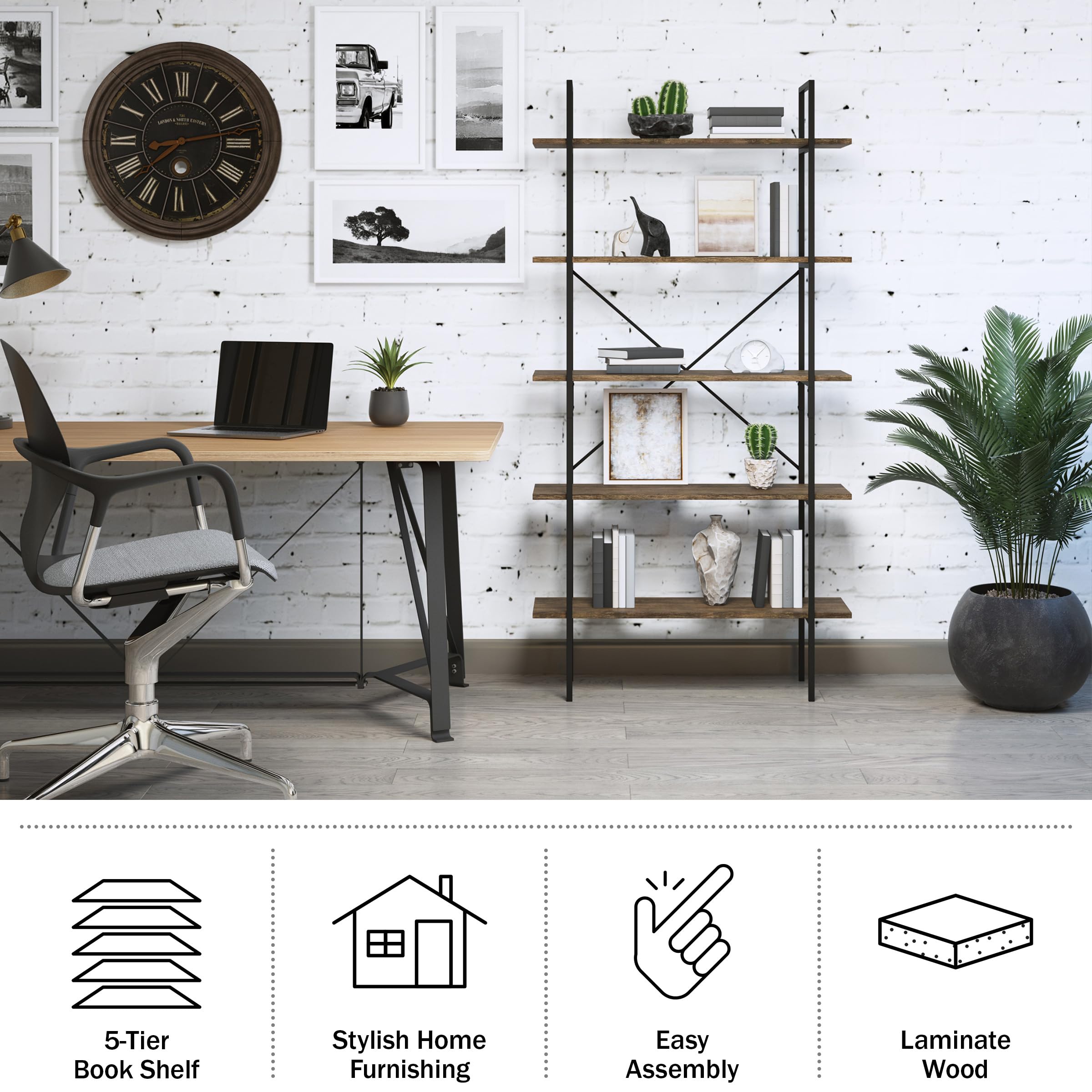 Lavish Home 5-Tier Bookshelf Set – Set of 2 Industrial Style Wooden Bookcases – Freestanding Shelving Unit for Home, Office, Living Room or Bedroom Storage (Brown Woodgrain) – Perfect for Organizing Books, Decor & Display Items