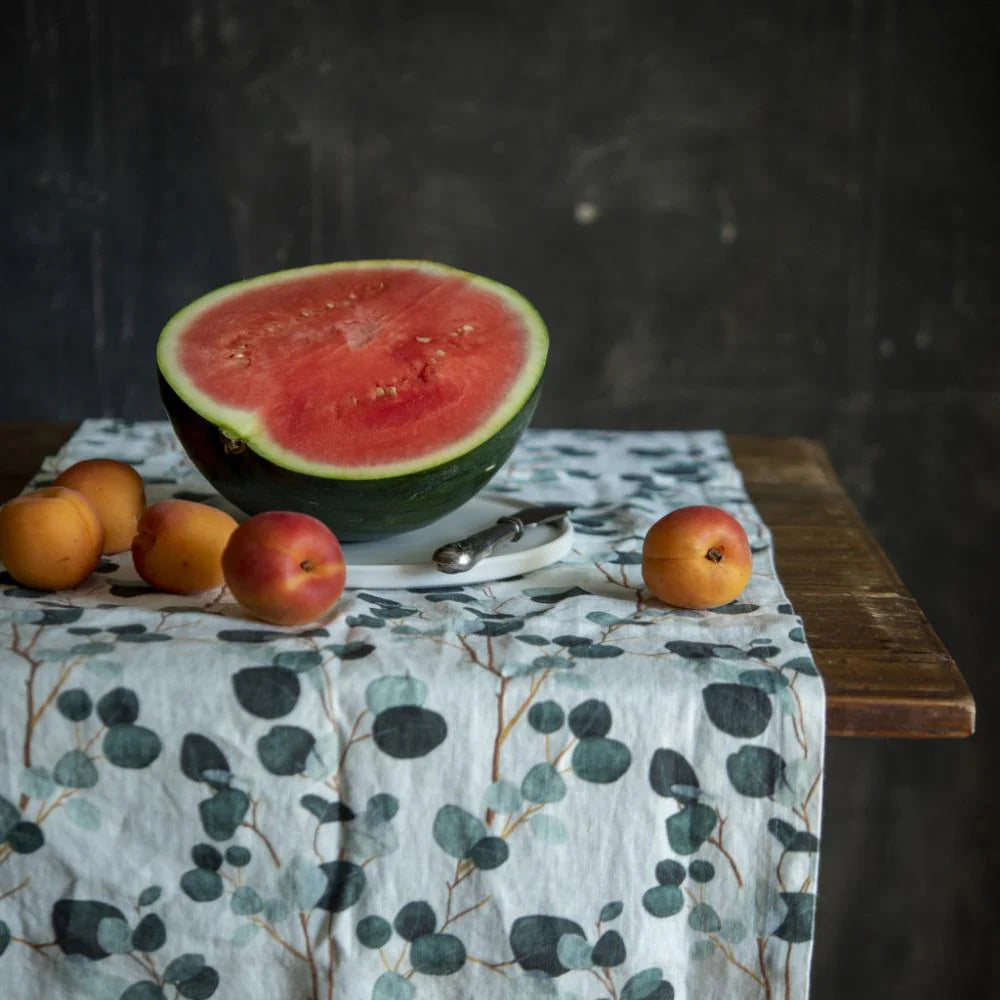 Premium Linen Hemmed Table Runner with Eucalyptus Design on White - Perfect for Dining Tables, Weddings, and Home Decor