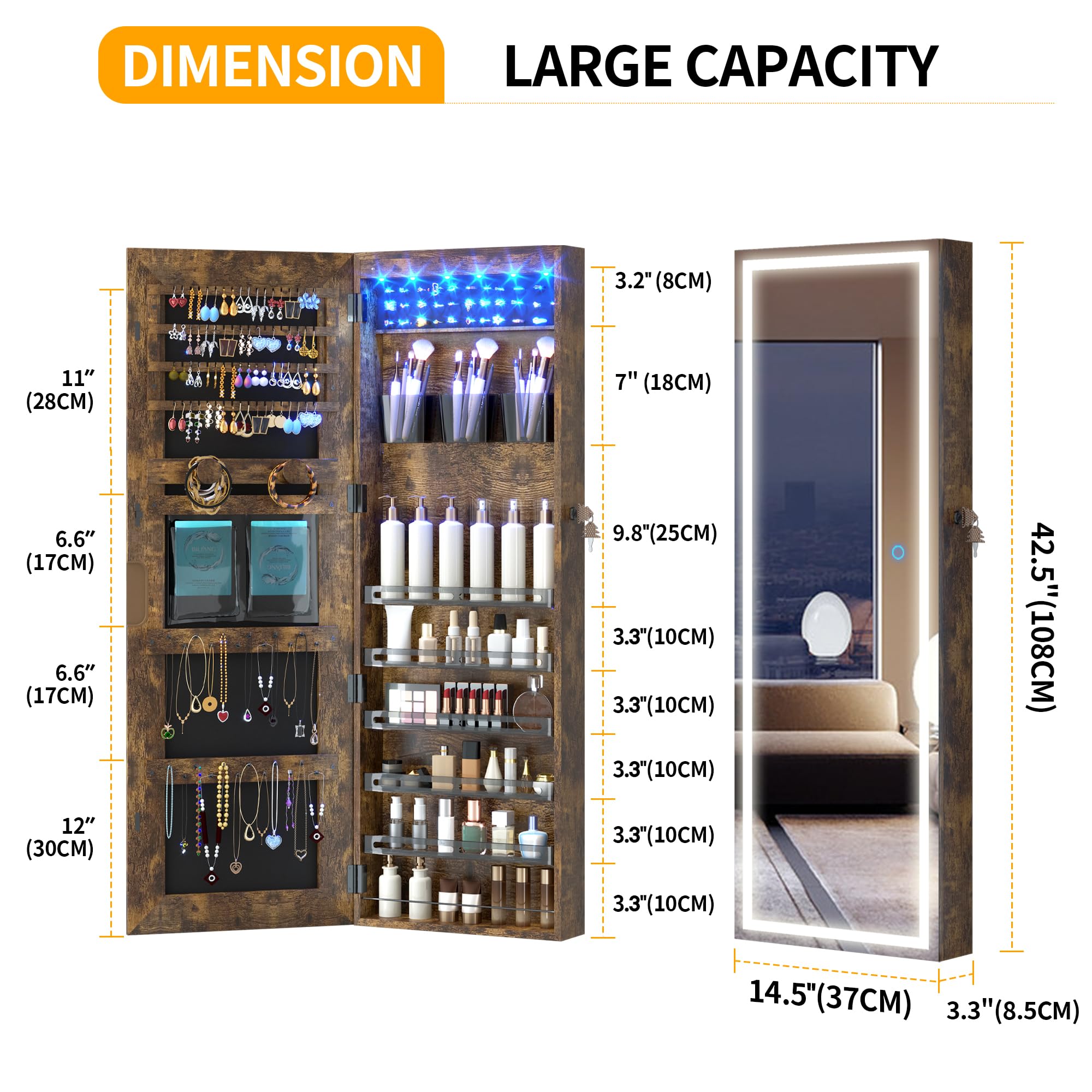 LVSOMT LED Mirror Jewelry Cabinet - Wall/Door Mount Jewelry Armoire Organizer with Lights, Full Length Mirror with Jewelry Storage, Over the Door Hanging Cabinet (Rustic Brown) | Perfect for Bedroom, Closet & Dressing Room Organization