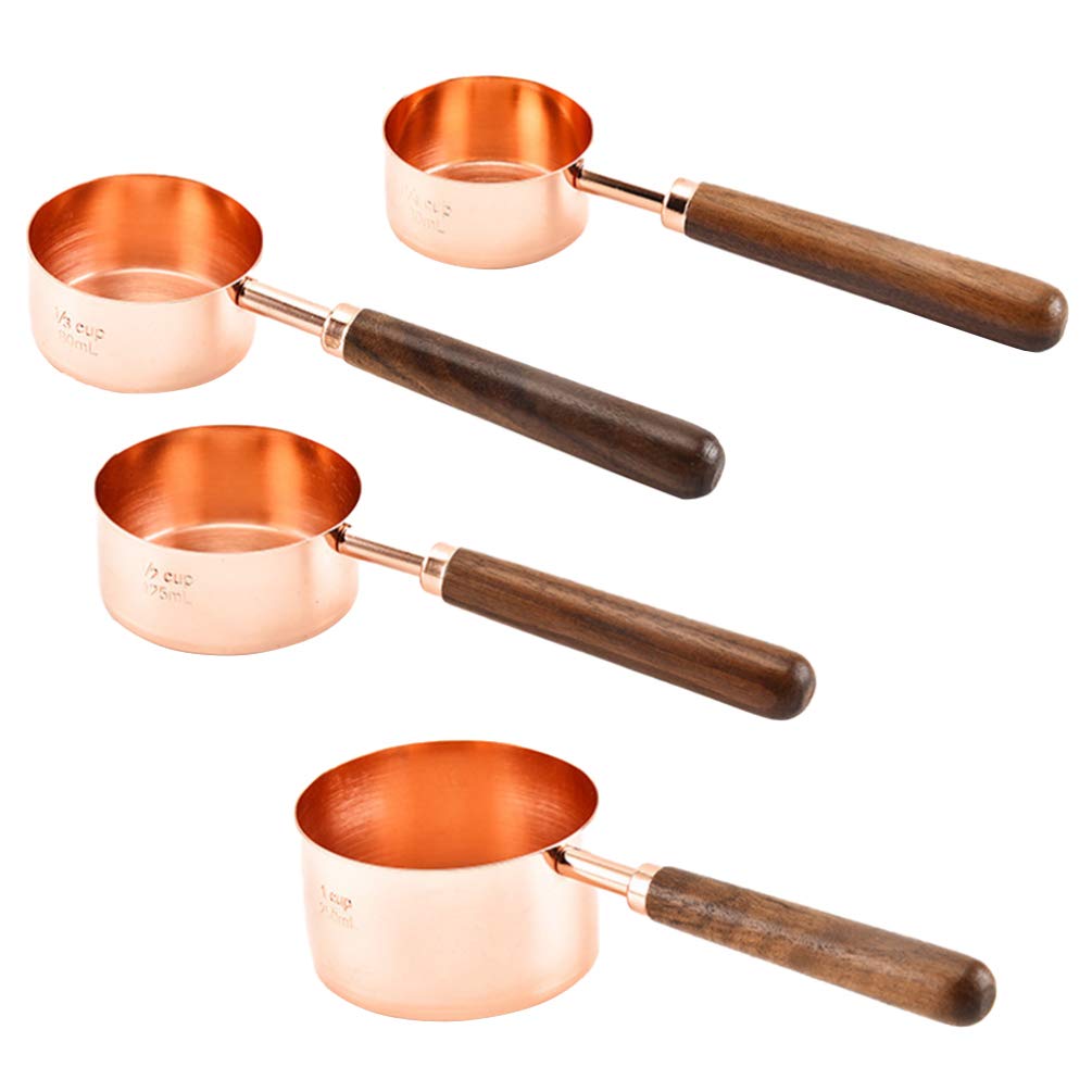 Premium Stainless Steel & Copper Measuring Cups Set - 4-Piece Kitchen Measuring Tools with Wooden Handle for Liquid & Dry Ingredients - Ideal for Baking, Cooking & Coffee Brewing
