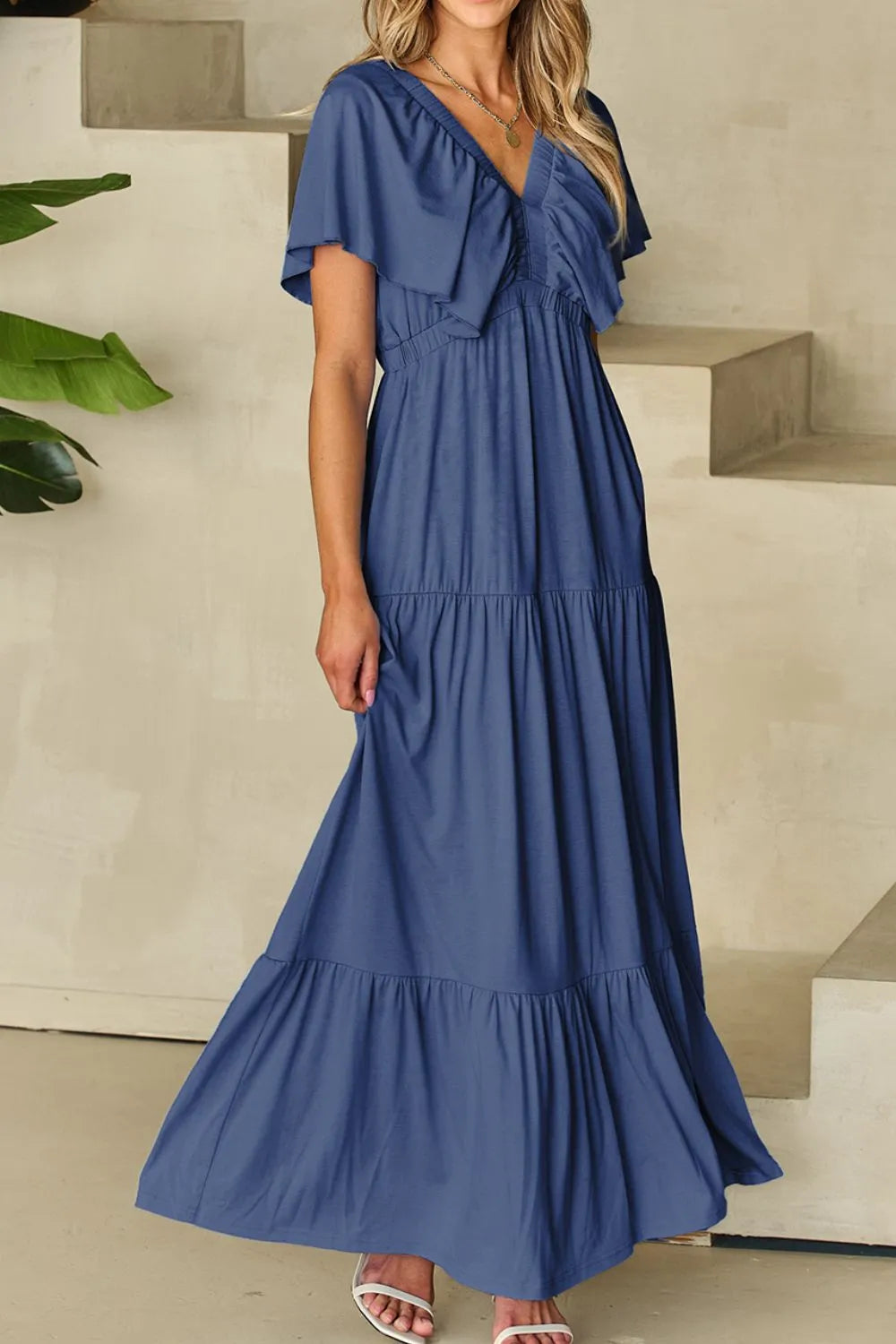 Blue Short Sleeve Summer Beach Maxi Dress for Women - Flowy Casual Sundress with Pockets - Perfect for Vacations, Pool Parties & Tropical Getaways