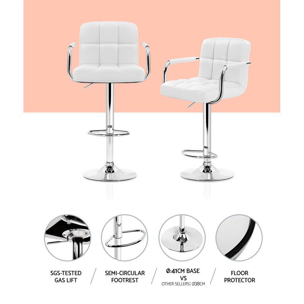 4 Bar Stools with Leather Upholstery, Gas Lift Mechanism & Armrests in White - Perfect for Kitchen Island, Dining Room & Home Bar