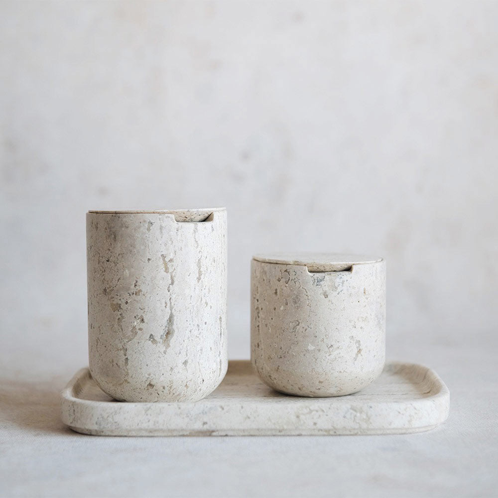 Premium Travertine Canister Set - Natural Stone Storage Jars for Kitchen, Bathroom & Office - Airtight Food Containers for Coffee, Tea, Sugar & Spices - Elegant Home Decor & Organization Solution