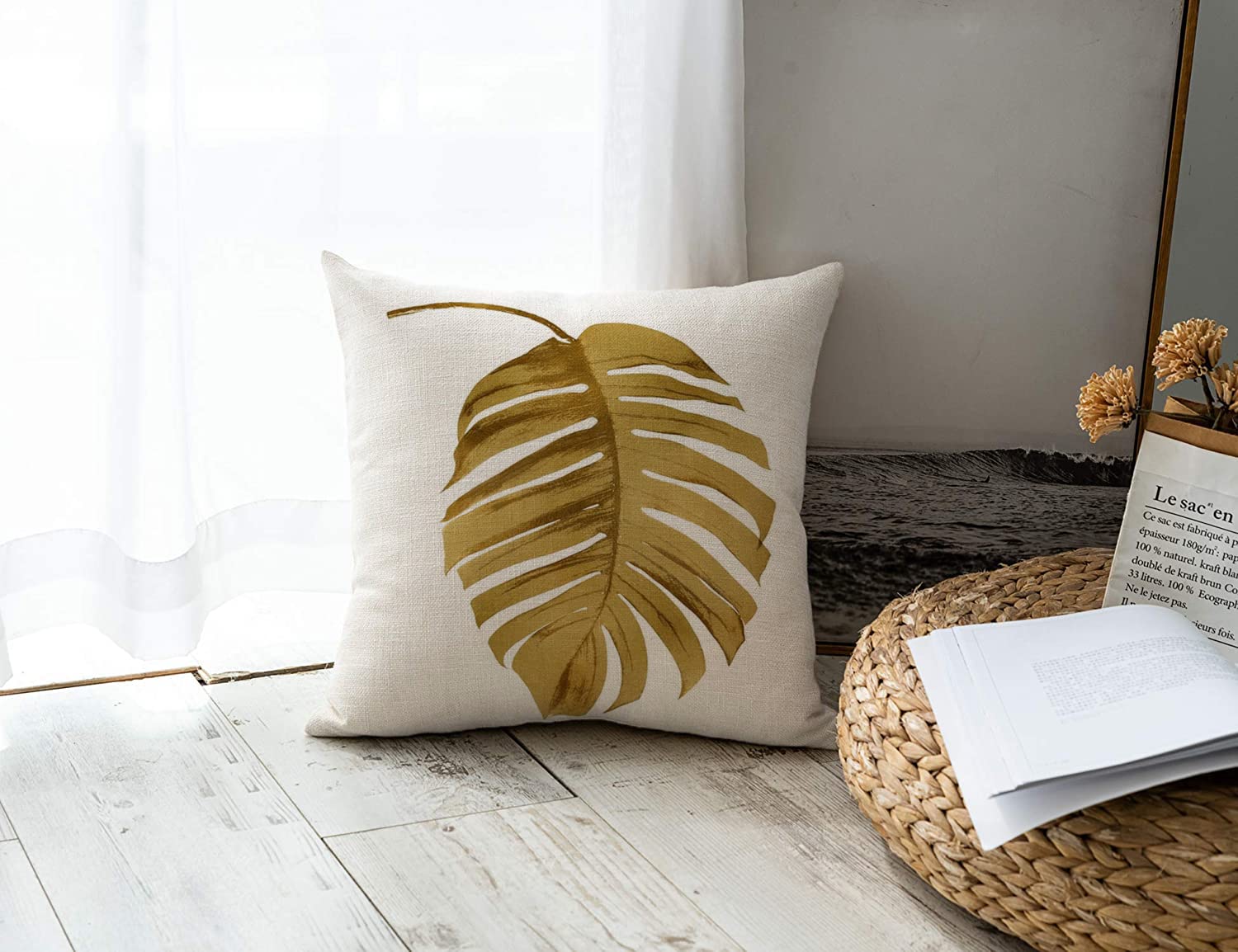 Waterproof Outdoor Throw Pillow Covers 18x18 Inch Set of 4 - Tropical Gold Palm Leaf Design, Cotton Linen Cushion Cases for Patio, Garden, and Living Room Decor