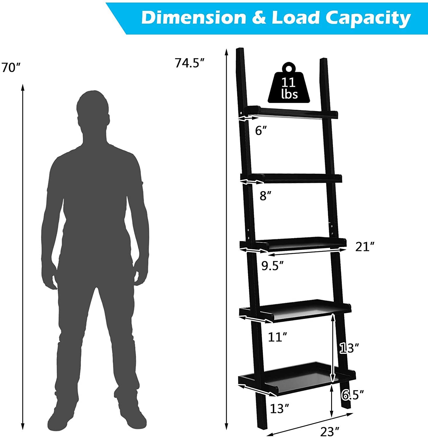 5-Tier Ladder Shelf - Rustic Wood Wall-Leaning Bookshelf & Storage Organizer for Living Room, Bathroom, Office - Perfect for Home Decor, Book Display & Space Saving (Black)