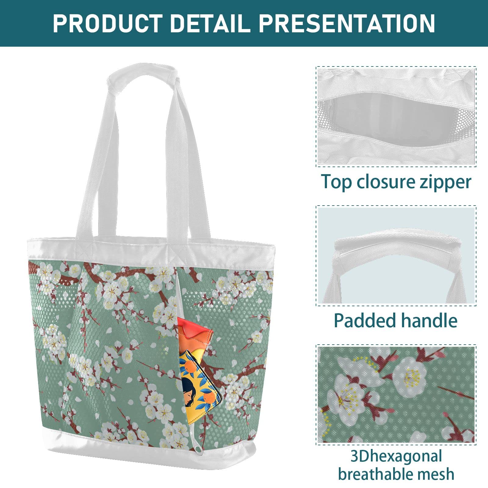 J JOYSAY Large Mesh Beach Tote Bag for Women - Flowering Tree Branches Design, Waterproof Pool Shoulder Bag, Perfect for Vacation Essentials, Beach Trips, Pool Parties & Summer Getaways