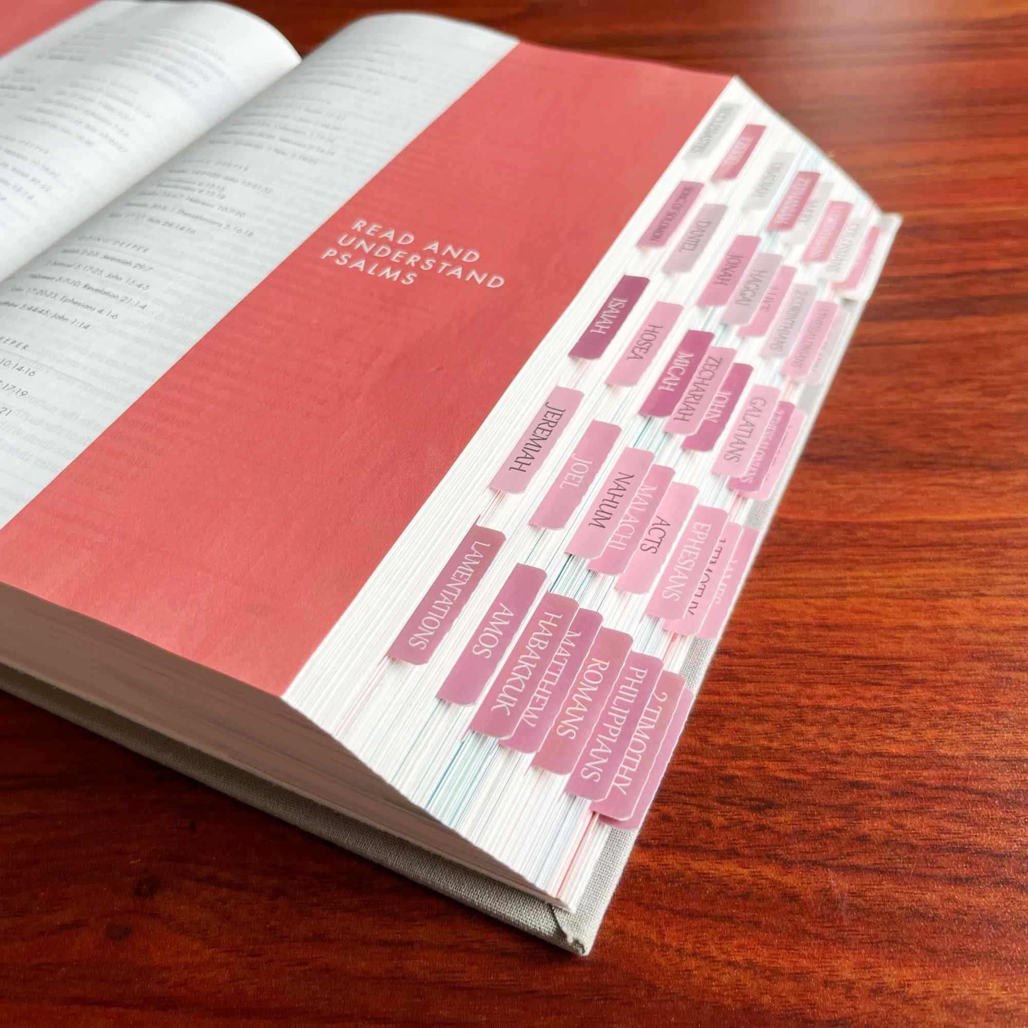 Laminated Bible Tabs - Large Print Repositionable Stickers for Easy Reading & Application | Perfect Gift for Men & Women (White/Pink) | Ideal for Bible Study, Church Services & Personal Devotion