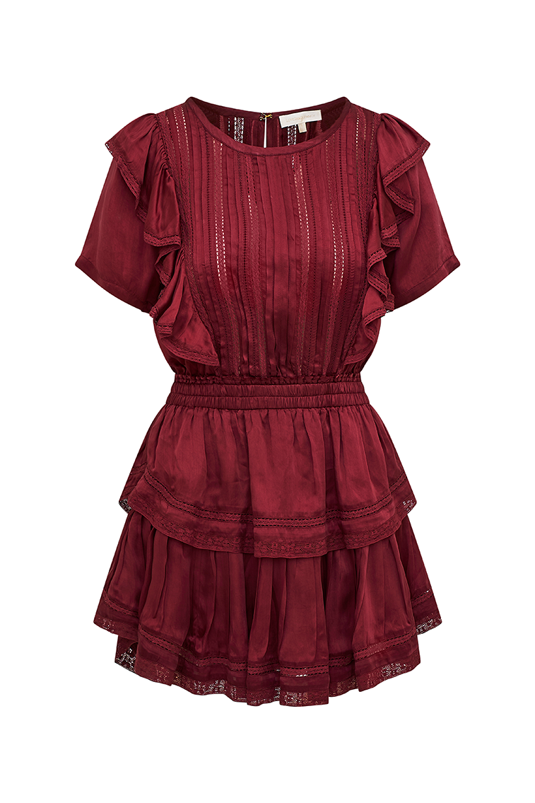 Natasha Ruffle Mini Dress in Oxblood Red - Elegant Flowy Party Dress for Women, Perfect for Cocktail Parties, Date Nights & Special Occasions