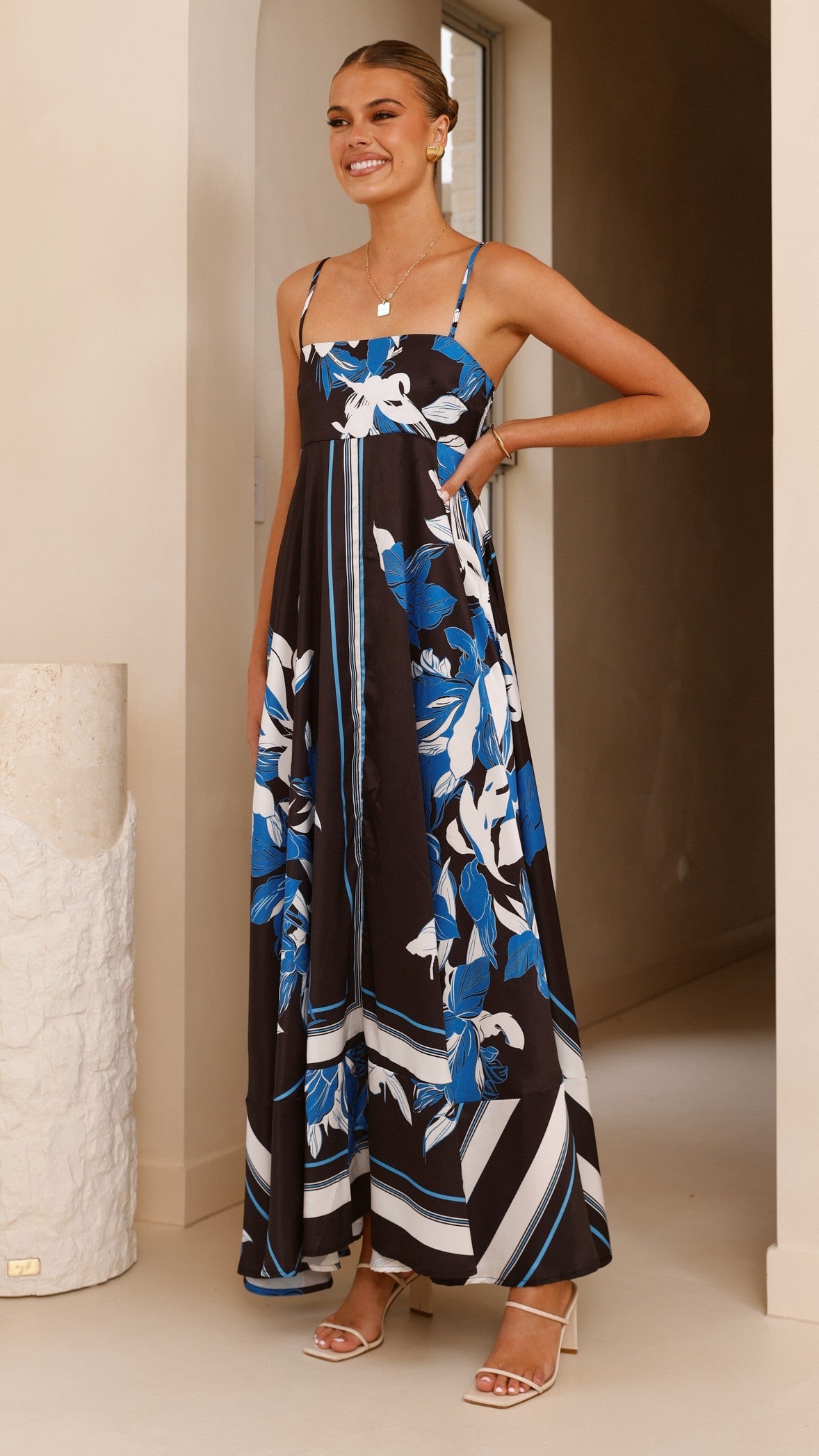 Kaethe Maxi Dress for Women - Flowy Long Summer Dress in Black & Blue | Beach Wedding, Vacation, Party Wear