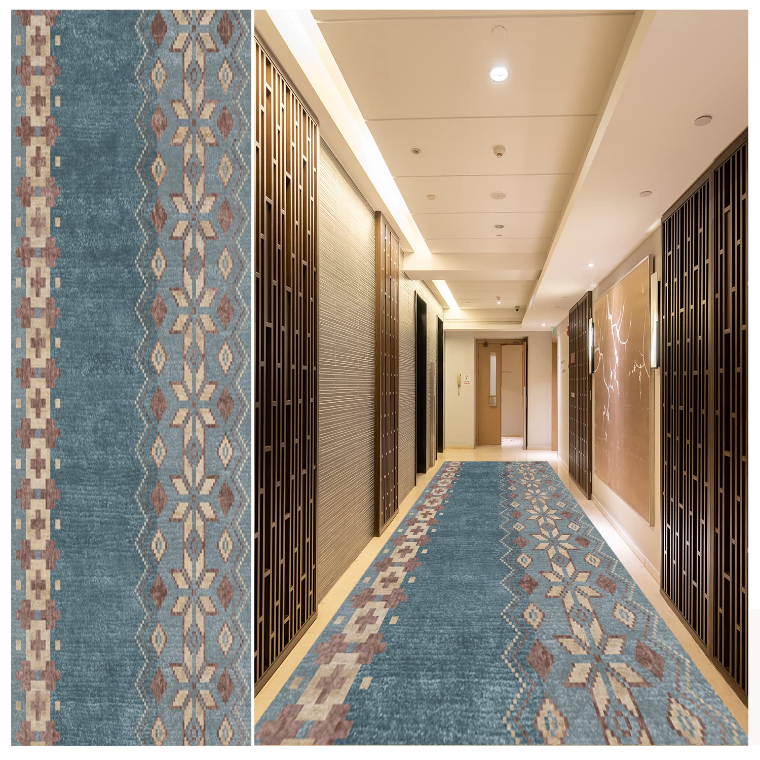 Non-Slip Washable Abstract Runner Rug 2.3' x 20' - Stain Resistant Rubber Backing for Hallway, Kitchen, Living Room, Bedroom & Entryway - Blue Grey Smear Pattern - Perfect for High Traffic Areas & Home Decor