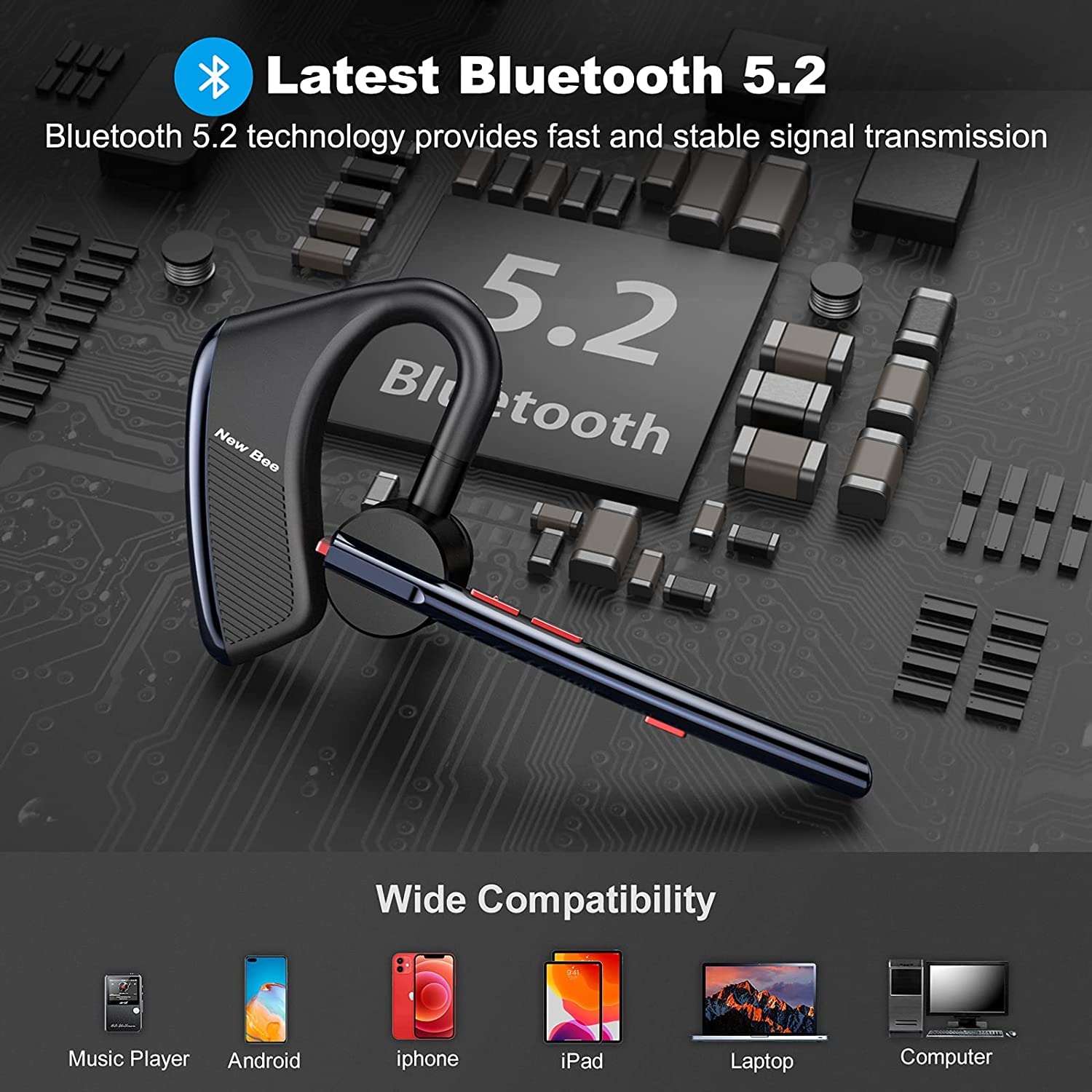 New Bee Bluetooth Headset - 24Hrs Talktime, CVC8.0 Noise Cancelling, Dual Mic, Bluetooth 5.2 Wireless Earpiece for iPhone/Android Phones - Perfect for Driving, Business Calls & Office Use (Blue)