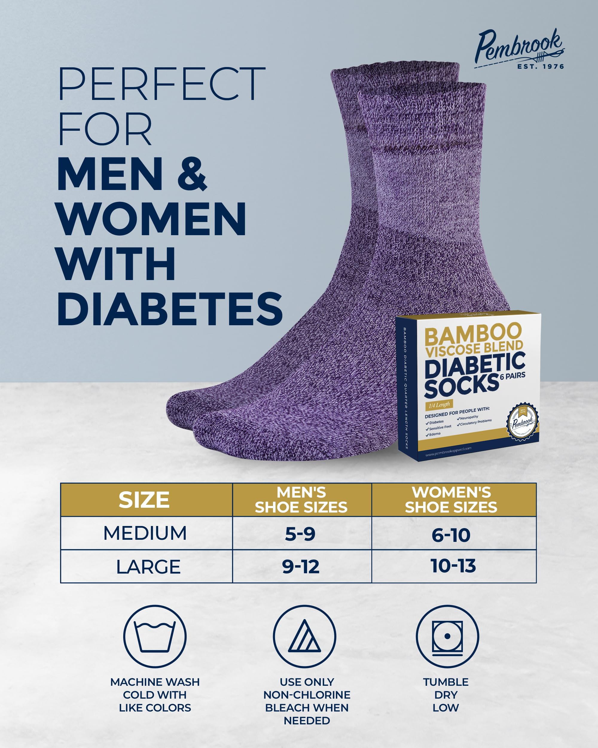 Pembrook 6-Pack Bamboo Viscose Diabetic Socks for Women & Men - Breathable Ankle Socks for Swollen Feet, Neuropathy & Edema Relief - Comfortable Diabetic Socks for Women's Shoe Size 9-12 - Ideal for Daily Wear, Diabetes Care & Circulation Support