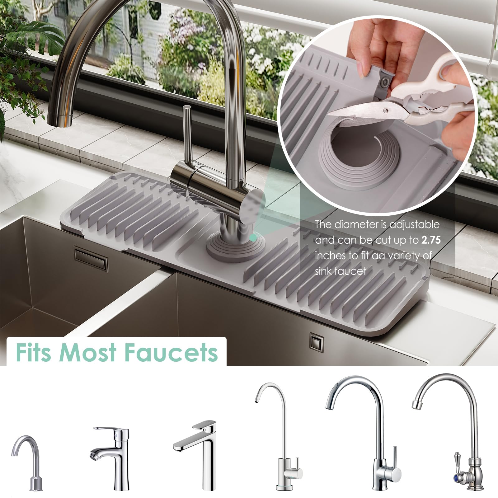 17.7 Inch Non-Slip Silicone Faucet Mat for Kitchen Sink - 6 Slope Splash Guard with Drain Holes & Secure Fastening Buttons - Gray - Perfect for Preventing Water Splashes and Protecting Countertops
