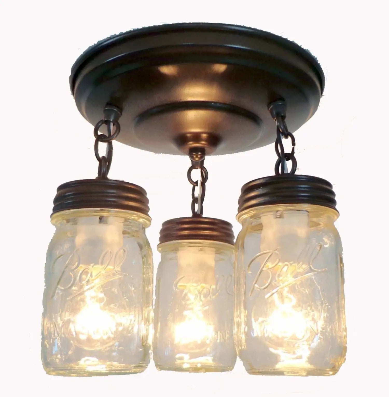 Vintage Mason Jar Light Fixture - Set of 3 Pint-Sized Hanging Jars with Rustic Chain for Farmhouse, Kitchen, or Outdoor Patio Decor