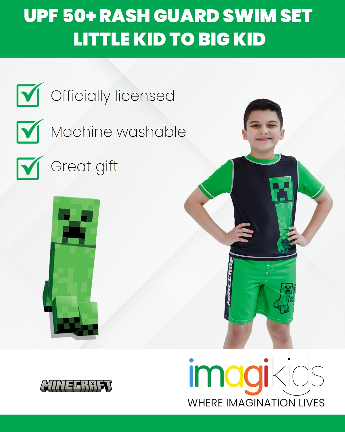 Minecraft Zombie Creeper Alex Steve Rash Guard & Swim Trunks Set for Kids - UV Protection Swimwear for Boys & Girls at Pool, Beach & Summer Activities