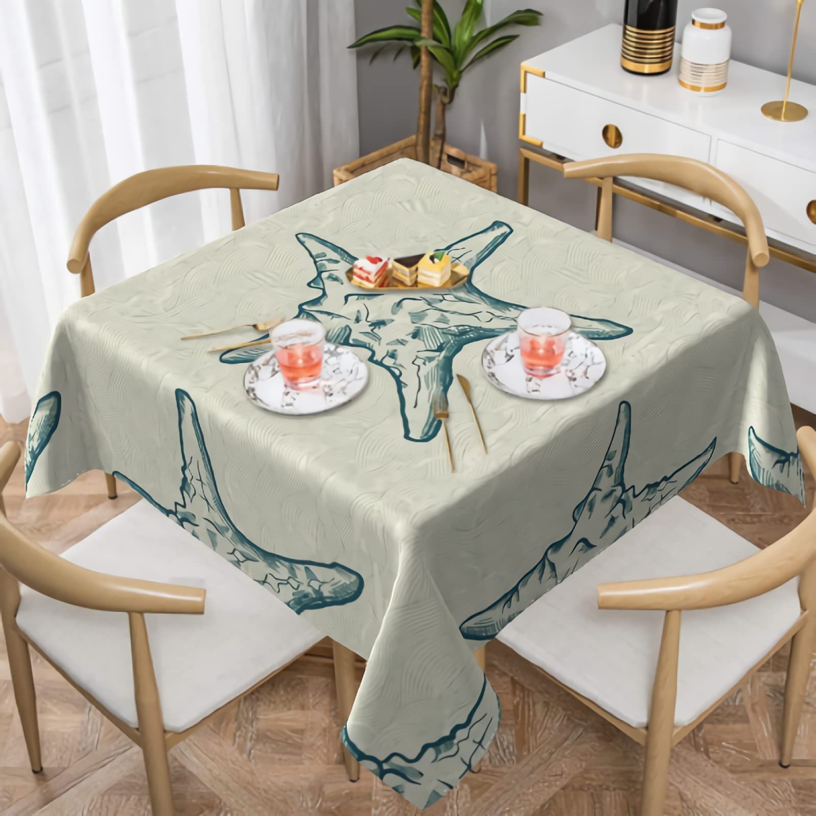 Starfish Bulk Tablecloth 54x54 Square - Ocean Summer Themed Wrinkle & Stain Resistant Washable Polyester Table Cover - Perfect for Dining Room, Outdoor Picnics, Beach Parties & Summer Decor