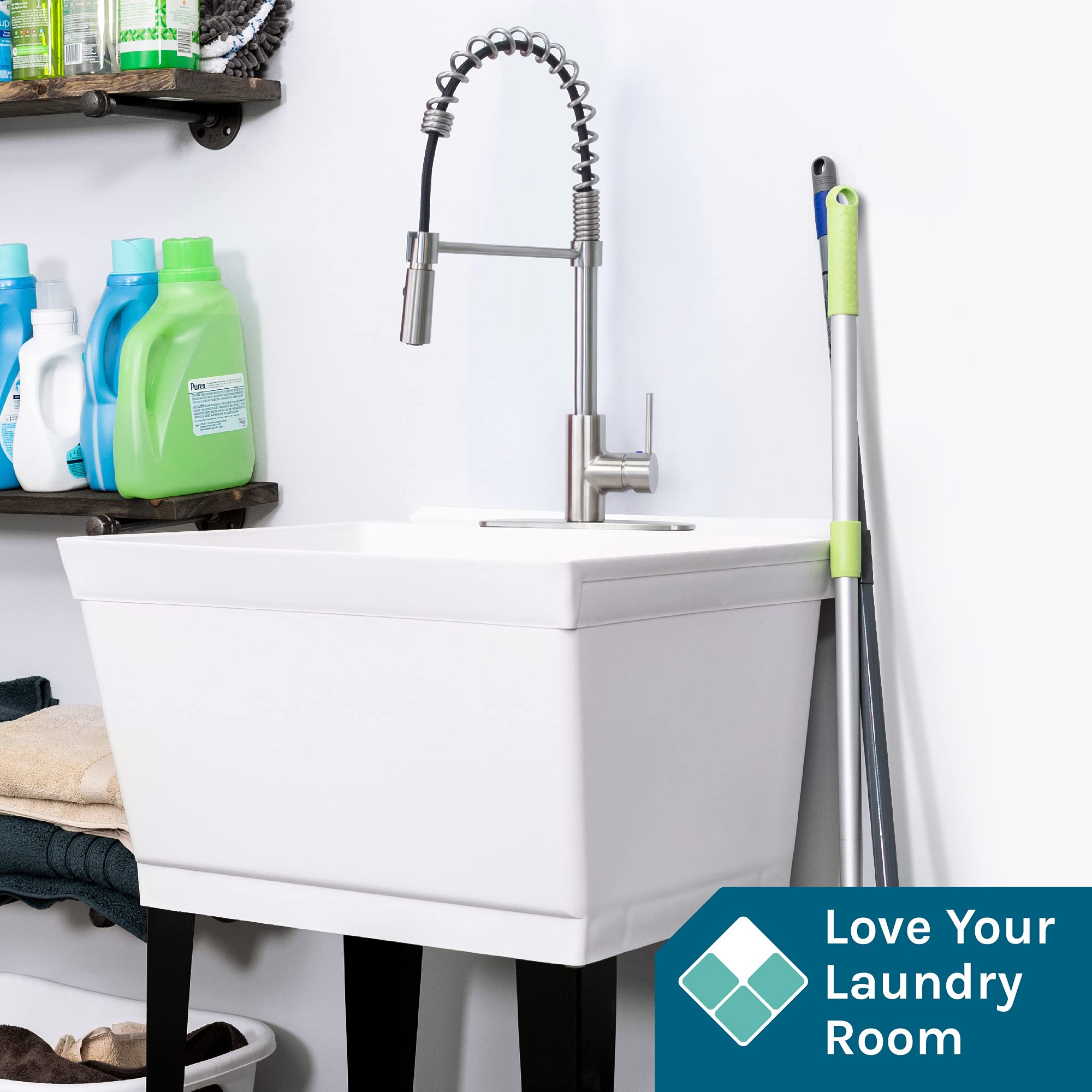 Extra-Deep Utility Sink Laundry Tub - White Freestanding Wash Station with High-Arc Stainless Steel Pull-Down Sprayer Faucet, Integrated Supply Lines & P-Trap Kit - Heavy Duty Floor Mounted for Laundry Rooms, Basements & Garages