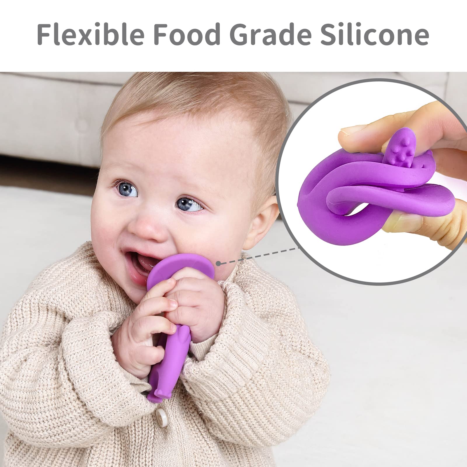 Mombella Baby Teething Toys for Infants 3-12 Months - Soft Silicone Teether with Clip, 2-in-1 Elephant Chew Toy & Pre-Training Toothbrush - Safe for 6-9 Month Old Babies (Purple) - Perfect for Soothing Sore Gums at Home or On-the-Go