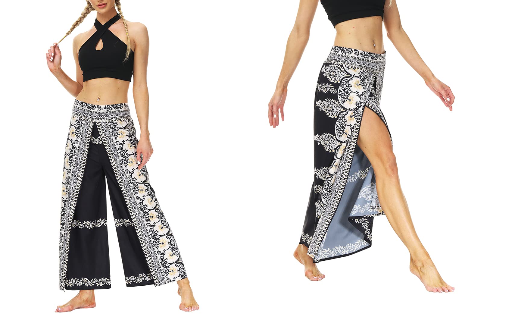 Ainuno Women's Boho Wide Leg Palazzo Pants with Side Slits - Flowy Hippie Pants for Summer, Yoga, Beach & Casual Wear - Lightweight & Comfortable Lounge Pants