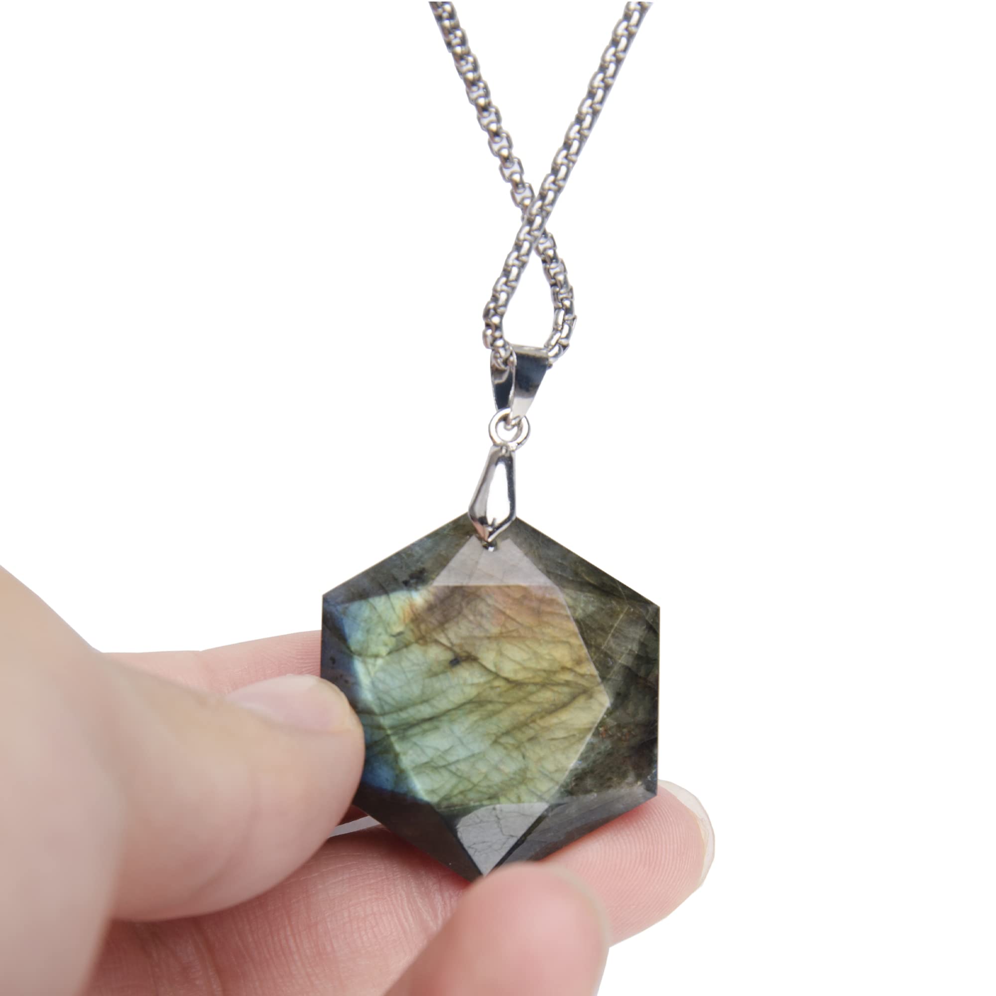 Natural Labradorite Hexagon Pendant Necklace - Healing Crystal Energy Jewelry for Men & Women | Spiritual Protection, Meditation & Everyday Wear