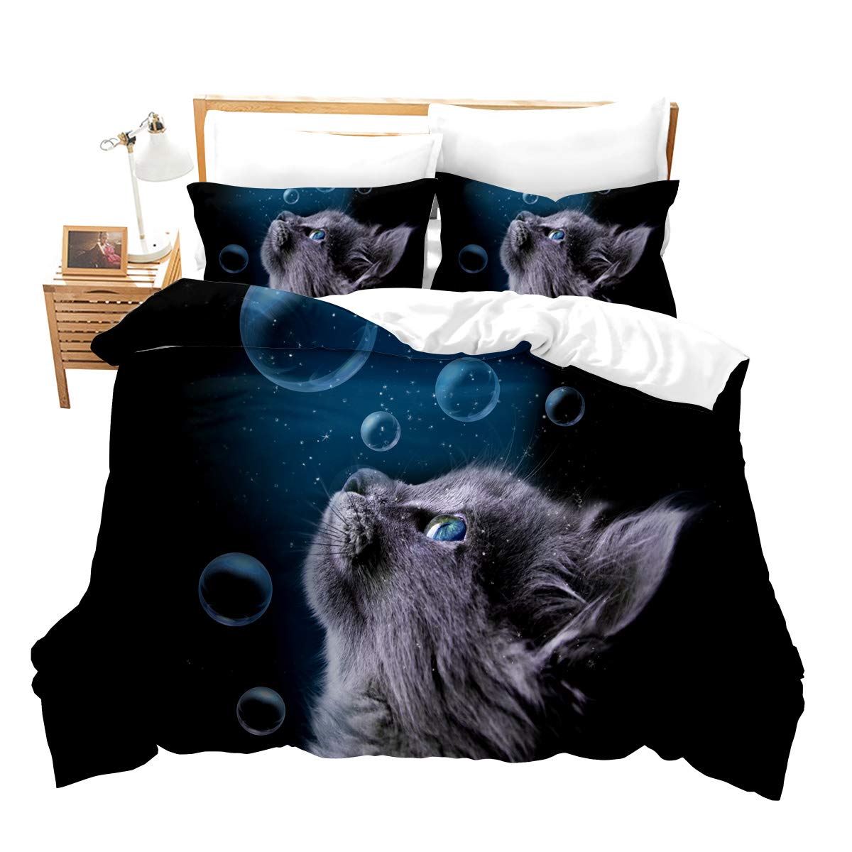 Feelyou 3D Cat Print Duvet Cover Set Full Size - Luxury Microfiber Bedding with Zipper Closure, 2 Pillowcases (Blue Planets Design) | Chic Pet-Themed Bedroom Decor for Cat Lovers, Perfect for Cozy Nights & Stylish Home Makeover