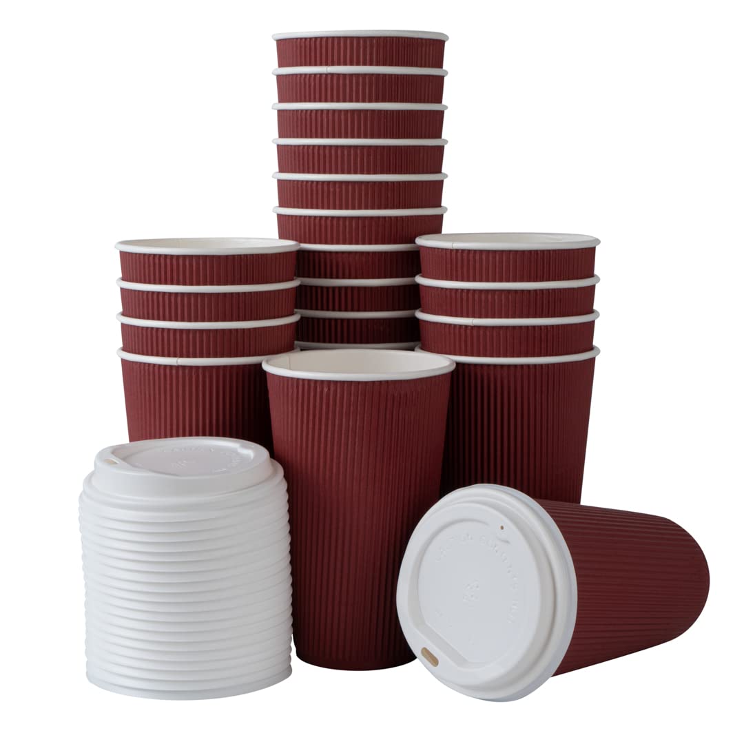 **Restaurantware 16oz Insulated Coffee Cups with Lids (200 Pack) – Leakproof, Non-Slip, Crimson Disposable Paper Cups for Hot Beverages – Perfect for Coffee, Tea, Hot Cocoa & Lattes – Ideal for Cafés, Offices & Events**