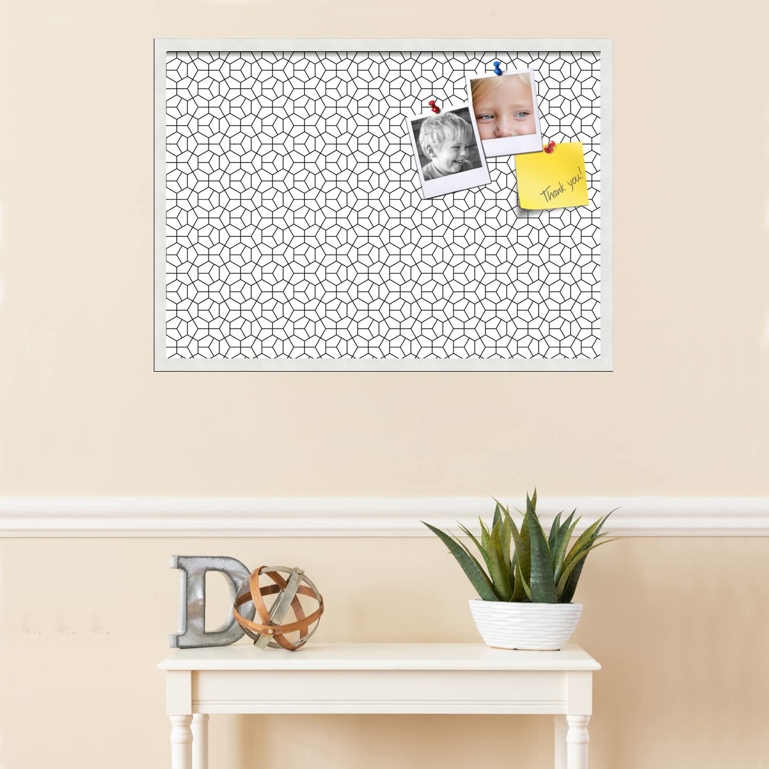PinPix 34x24 Inch Cork Bulletin Board with Modern Hex Black Design & Satin White Frame - Stylish Wall Memo Board for Home Office Decor, School Classroom, Dorm Room Organization & Creative Inspiration