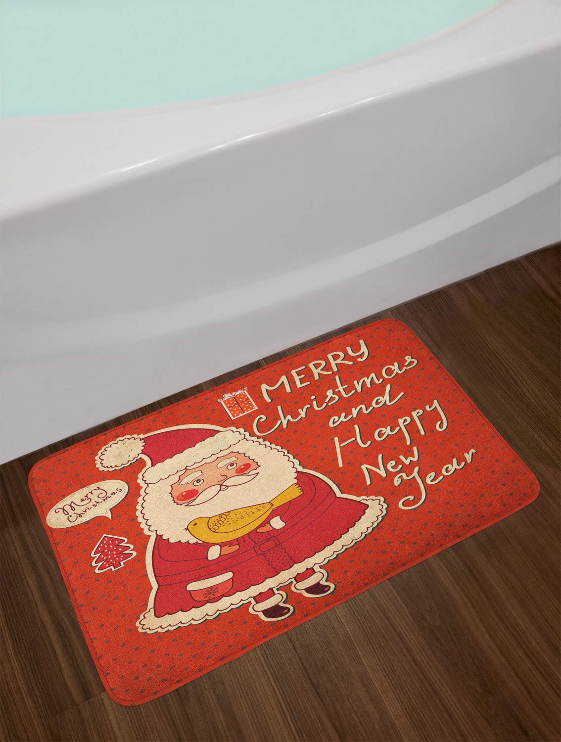 Ambesonne Christmas Bath Mat - Non-Slip Plush Bathroom Rug with Santa Claus & Yellow Bird Retro Design, 30.2