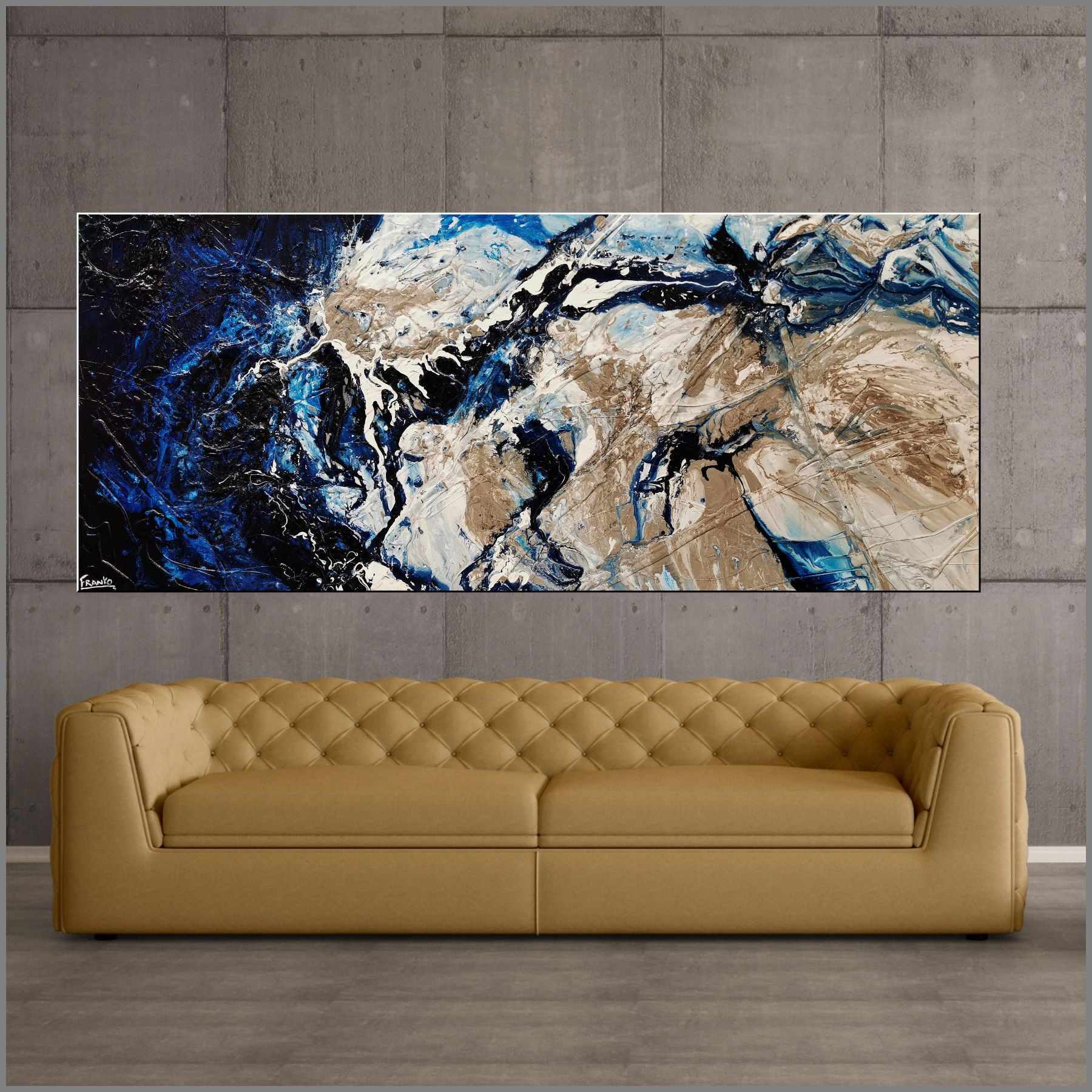 240cm x 100cm Blue Cream Textured Abstract Canvas Painting - Modern Romantic Wall Art for Living Room, Bedroom & Office Decor