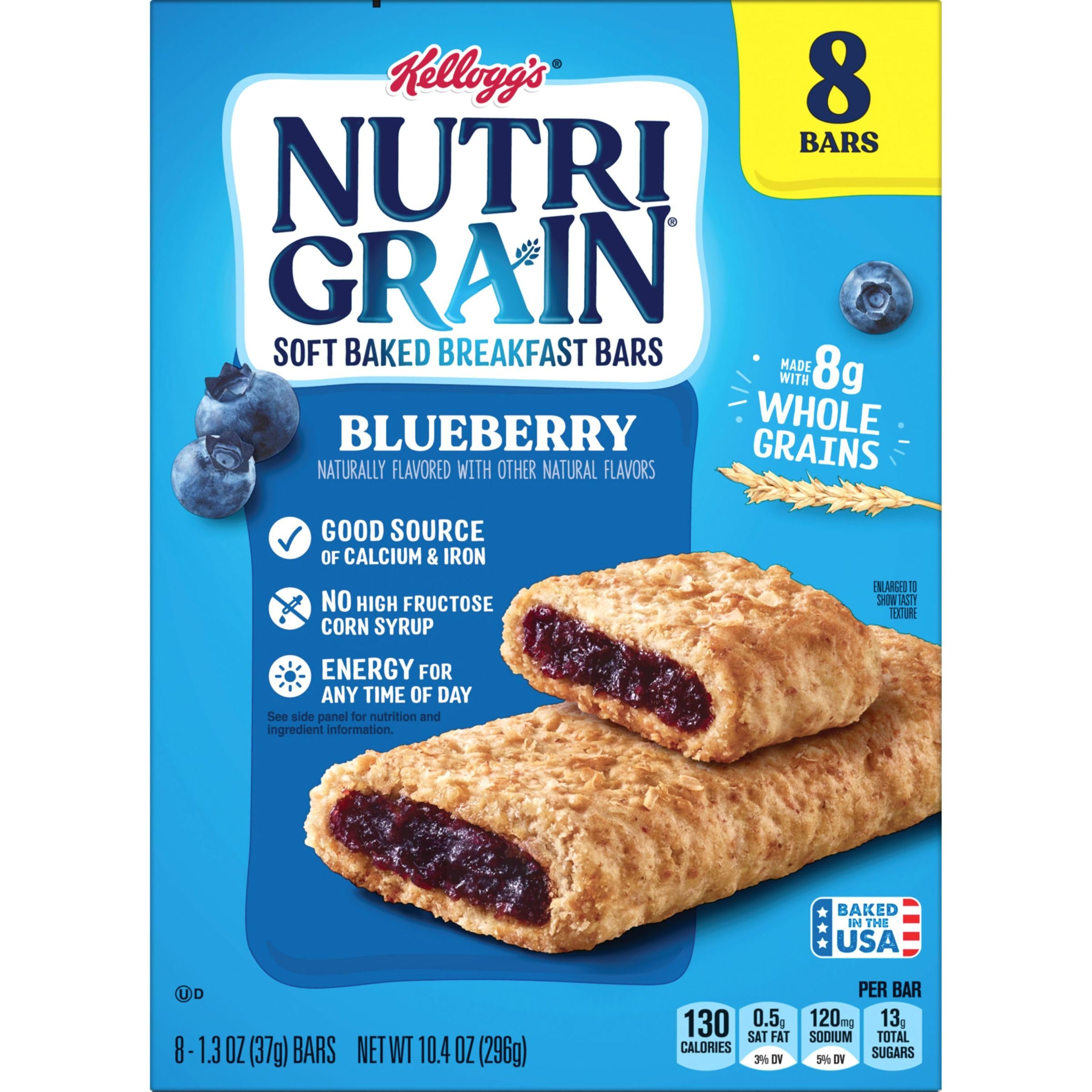 Nutri-Grain Soft Baked Breakfast Bars - Whole Grain Blueberry Snacks for Kids - 10.4oz Box (8 Bars) - Perfect for School Lunches & On-the-Go Snacking